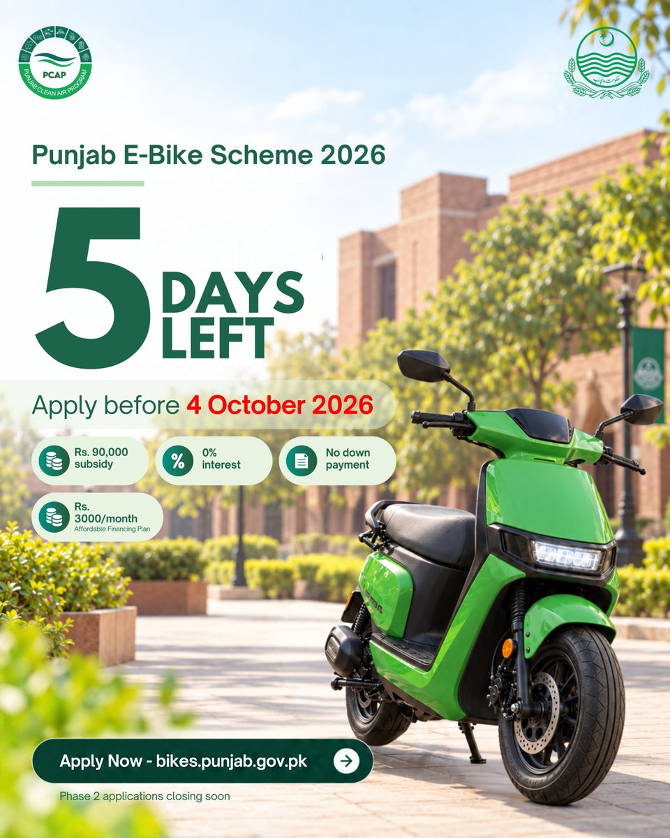 PunjabCleanAir's tweet photo. 5 days left! ⚡

The Government of Punjab under PCAP is offering e-bikes through an affordable financing scheme.

💰 Rs. 90,000 subsidy | 0% interest | No down payment
📅 Apply by Oct 4, 2026

#PunjabEBikeScheme #PCAP #Pakistan #students https://t.co/ibrP2CAQfm