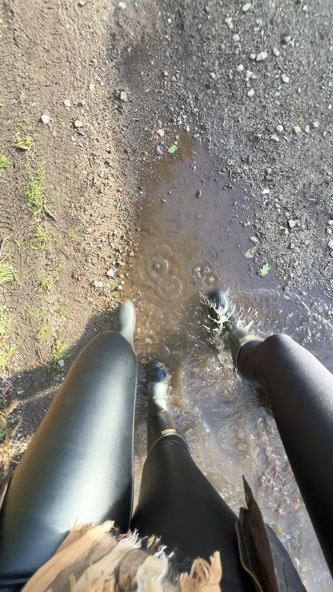 A person wearing tall black rubber boots splashes through a muddy puddle on a gravel path, with rain droplets creating ripples in the brown water. The waterproof footwear keeps their legs dry as they stomp through the wet terrain, perfectly illustrating the post's enthusiasm for their reliable hunter rubber boots.
