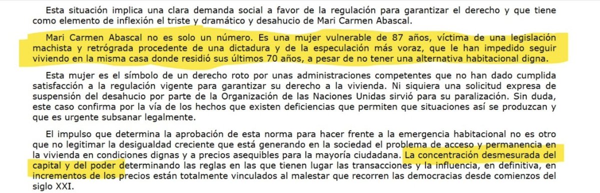 iuristoteles's tweet photo. 2/ El preámbulo es, sencillamente, una vergüenza. Lo siento, pero no hay otra palabra que lo defina mejor.

Un preámbulo (aplicable a una exposición de motivos en una Ley) no es un mitin político. Es donde el Gobierno debe demostrar con hechos y nexo causal que existe extraordinaria y urgente necesidad.

Empieza malamente hablando del art. 47 CE -derecho a una vivienda digna- como "quinto pilar del Estado de bienestar". No incluye dato alguno de licencias, suelo, los meses de tramitación urbanística, coste de construcción ni por qué en 8 años no se ha producido parque. Sólo habla de la "concentración desmesurada del capital y del poder". El propio texto admite que promover vivienda lleva años y exige recursos sostenidos (sólo eso ya debería eliminar la urgencia de un RD-L). No es un preámbulo ni mucho menos el fundamento de una reforma tan importante; es un artículo de opinión.

Después se crítica a las Administraciones competentes por no dar soluciones habitacionales. Estoy de acuerdo, no han hecho nada. Pero es que, entre esas Administraciones, también está el propio Gobierno, además de CCAA y Ayuntamiento.

Luego lo de Mari Carmen. Lo siento pero es una indecencia jurídica incluir este supuesto como elemento de inflexión de una norma. "Víctima de una legislación machista y retrógrada procedente de una dictadura y de la especulación más voraz". Incluir esto debería ser un motivo de vergüenza para la posteridad. Eso sin entrar a que no se puede atribuir al Franquismo una consecuencia que produce una Ley de Arrendamientos de 1994 para engañar a la población y "cargar de épica" un Real Decreto-Ley en 2026.

Luego lo de los "fondos buitre". No hay una definición clara. No saben qué están legislando ni, mucho menos, las consecuencias de incluir según qué términos o definiciones. Es terminología para titulares de prensa y Twitter. Nadie al volante.