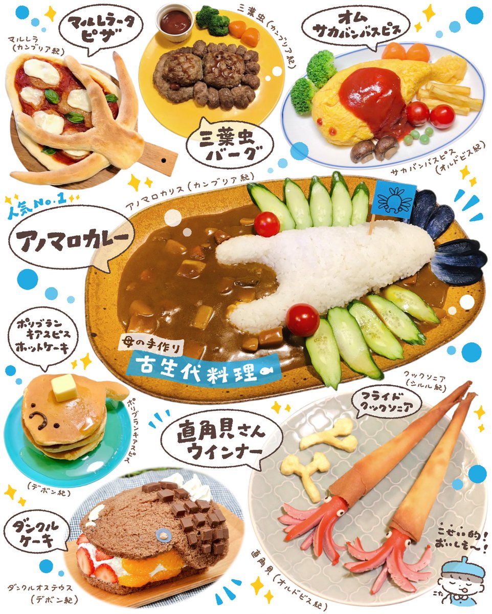 kota_draw's tweet photo. 母が今までに僕の絵本を見て再現してくれた料理たちです🍳✨
サメの他にも、古生物をテーマにした料理を作ってくれました！どれも可愛いんです🥹🦕 https://t.co/NpGLrxCdqJ