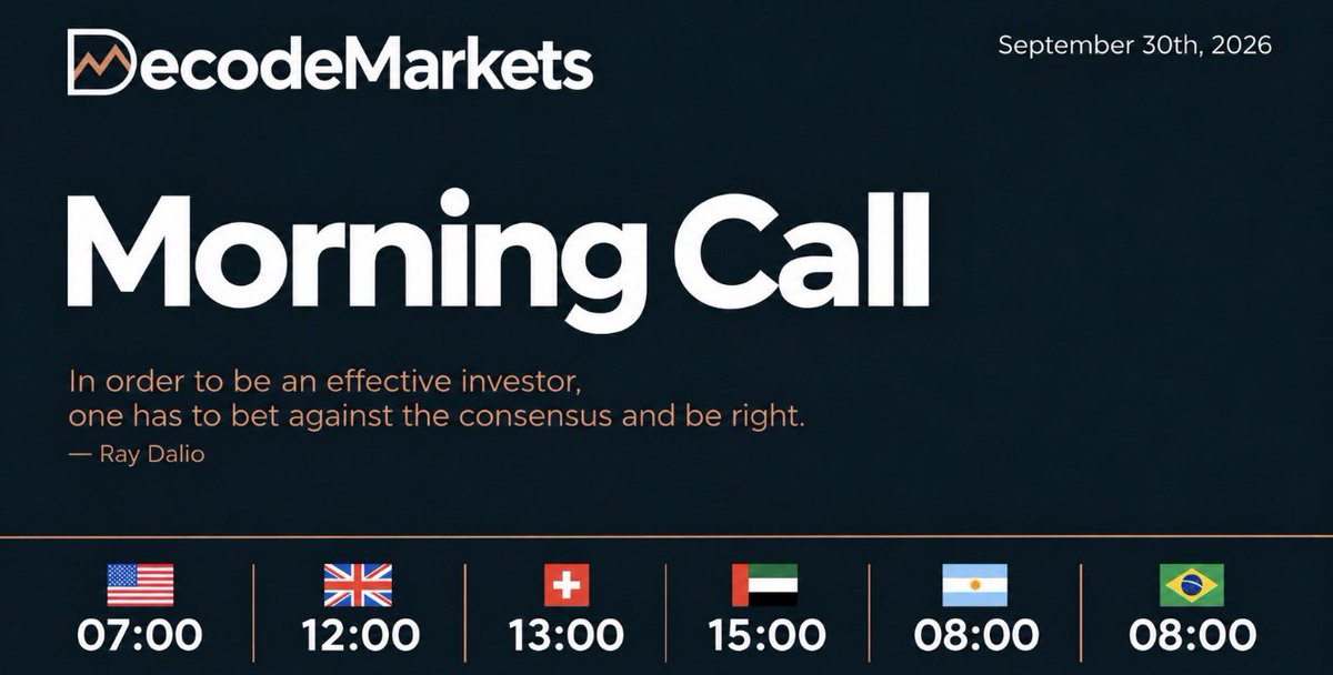 DecodeMarkets's tweet photo. 1/10
DecodeMarkets — Morning Call
September 30th, 2026

Good morning. The headlines keep giving the market reasons to panic. The market has been rather uncooperative.

Starting today, every morning at 7 a.m. New York time.

The idea: connect what’s happening to what you own — and what might be worth owning next.

Who actually makes the money? How much optimism is already in the price? What needs to happen for the investment to work? And what evidence would make us change our minds?

I’ll bring ideas, connections, and evidence to help with your own due diligence (DD) — not just on your next investment, but also on the positions you already love. Especially those.

Because a good story is not an investment thesis. And a rising price is not DD.

The goal isn’t to have an opinion on everything. It’s to spot what deserves your attention before it deserves your capital.

Today: patience at the Fed, AI writing its own guardrails, and nuclear businesses that could invoice before a reactor switches on.

Let’s get to work
