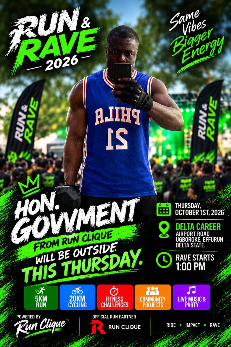 GovvmentJ's tweet photo. Join us for free from 7am at PTI junction as we Jog/Walk/Cycle and Run to Delta Career School Ugboroke, Airport Road Effurun.
See you Guys Tomorrow
#RunCliqueHq https://t.co/0Nf7JbCAhj