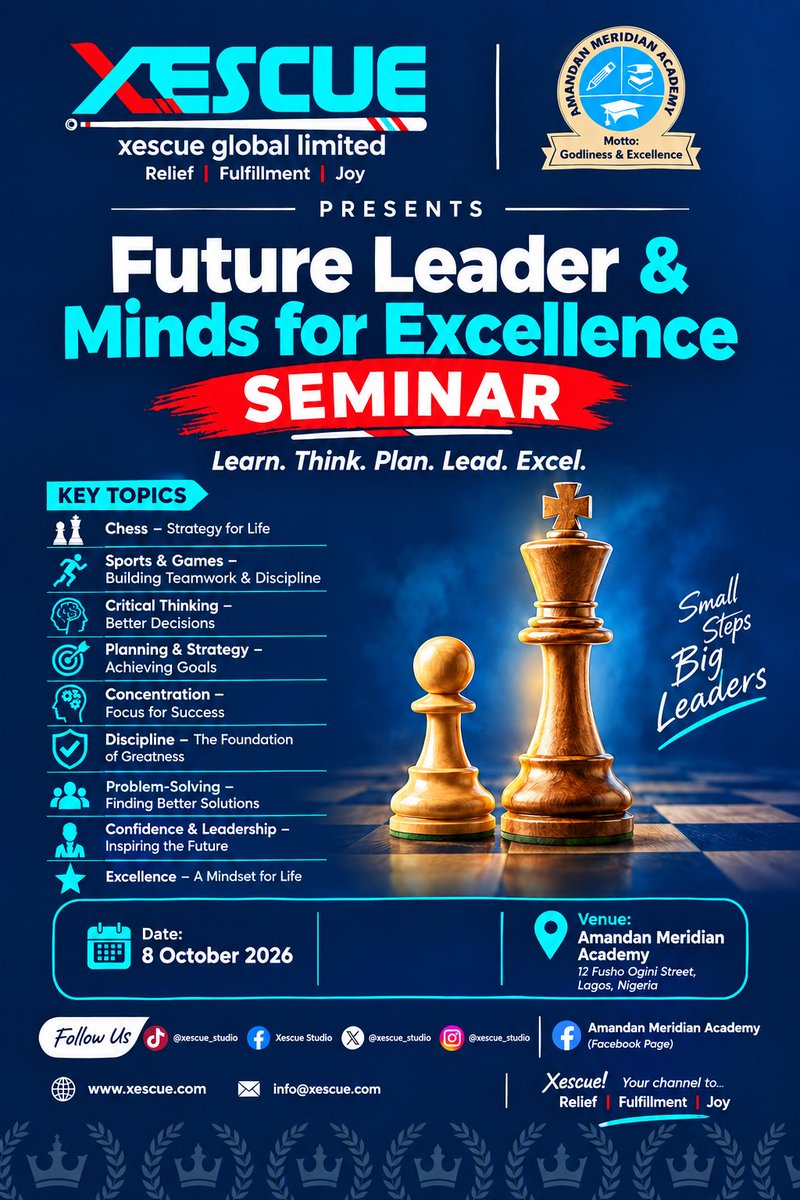 xescue_studio's tweet photo. ♟️GREAT MINDS FOR GREAT LEADERS!🚀

Xescue presents Future Leader &amp; Minds for Excellence .empowering students through sports

Learn. Think. Plan. Lead. Excel.

📍 Amandan Meridian Academy
📅 8 October 2026

#Xescue #AmandanMeridianAcademy #FutureLeaders #Chess #Leadership #sport https://t.co/r8F5KRid3m