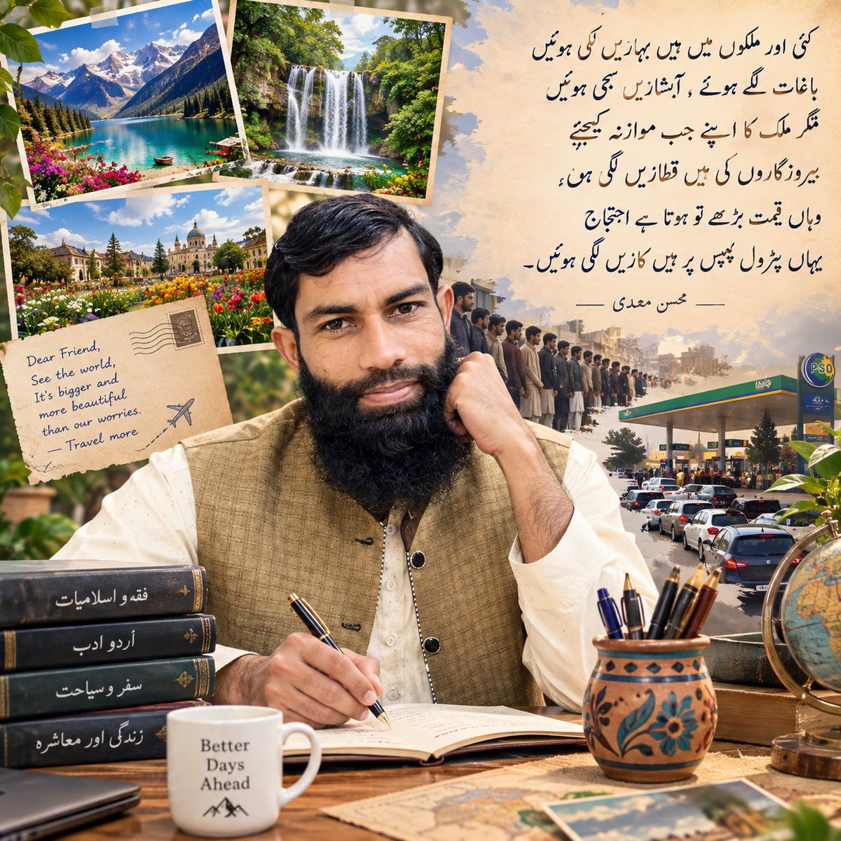 Lovespreacher's tweet photo. کئی اور ملکوں میں ہیں بہاریں لگی ہوئیں
باغات لگے ہوۓ ، آبشاریں سجی ہوئیں
مگر ملک کا اپنے جب موازنہ کیجئے
بیروزگاروں کی ہیں قطاریں لگی ہوئیں
وہاں قیمت بڑھے تو ہوتا ہے احتجاج
یہاں پٹرول پمپس پر ہیں کاریں لگی ہوئیں۔
محسن محمدی https://t.co/6qVMZ67nRA