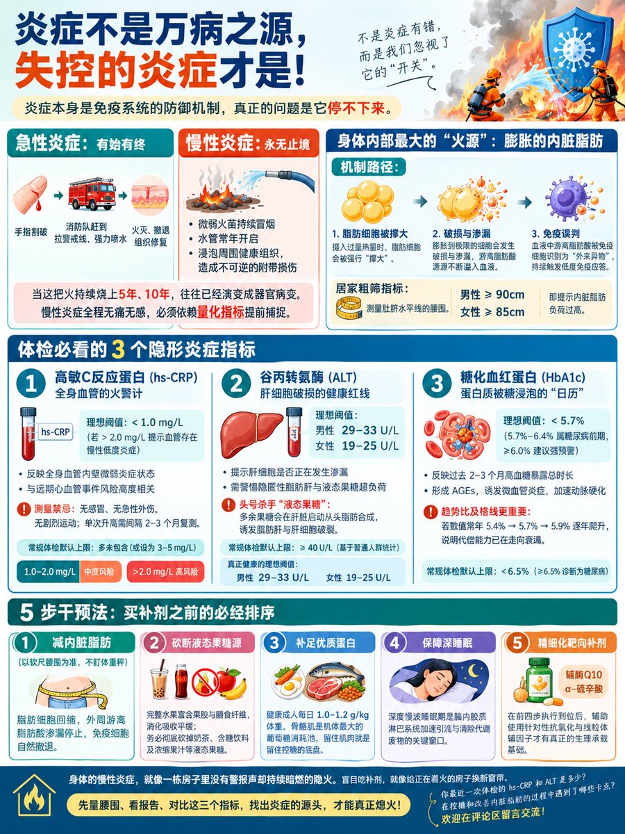 tao9020's tweet photo. 许多科普常说“炎症是万病之源”，这其实污名化了免疫系统正常的防御机制。炎症本身没有错，它是免疫细胞全力干活的外在表现。

真正的问题只有一个：它停不下来。

急性炎症： 手指割破 → 消防队赶到拉警戒线、强力喷水→火灭、撤退、组织修复（有始有终）。

慢性炎症： 微弱火苗持续冒烟 → 水管常年开启 → 浸泡周围健康组织，造成不可逆的附带损伤（永无止境）。

当这把火持续烧上5年、10年，等到身体终于出现疲劳、酸痛、硬化时，往往已经演变成了实质性的器官病变（血管纤维化、脂肪肝、胰岛功能衰竭）。慢性炎症最危险的地方就在于全程无痛无感，必须依赖量化指标提前捕捉。

身体内部最大的“火源”：膨胀的内脏脂肪

很多人以为炎症多来自外源性感染或环境毒素，但对现代人而言，最普遍的内源性火源其实是内脏脂肪。

机制路径： 
成人的脂肪细胞数量相对固定。摄入过量热量时，脂肪细胞会被强行“撑大”。膨胀到极限的细胞会发生破损与渗漏，游离脂肪酸源源不断溢入血液。

免疫误判： 
血液中游离脂肪酸浓度长期居高不下，这些游离物质会被巡逻的免疫细胞识别为“外来异物”，从而持续触发低度免疫应答。

居家粗筛指标： 
测量肚脐水平线的腰围。男性 ≥ 90cm，女性  ≥ 85cm，即提示内脏脂肪负荷过高。

体检必看的 3 个隐形炎症指标

1. 高敏C反应蛋白（hs-CRP）：全身血管的火警计
常规 C 反应蛋白（CRP）灵敏度低，通常在急性化脓、肺炎或外伤时才会飙升至数十甚至上百。而高敏 C 反应蛋白（hs-CRP）检测技术将下限大幅拓宽，专为捕捉无症状的低水平系统性炎症而设计。

常规体检默认上限： 多未包含（或设为 3--5 mg/L）。

真正健康的理想阈值： < 1.0 mg/L（若 > 2.0 mg/L 提示血管存在慢性低度炎症）。

底层逻辑： 
反映全身血管内壁的微弱炎症状态，与远期心血管事件风险高度相关。hs-CRP 处于 1.0 -- 2.0 mg/L 属于中度风险，> 2.0 mg/L 则明确提示慢性炎症蓄积。2023 年美国 FDA 已正式批准低剂量秋水仙碱用于抗炎以降低心血管事件风险，美国心脏病学会（ACC）亦全面建议将抗炎评估纳入常规。

测量禁忌： 
必须在无感冒、无急性外伤、无剧烈运动的稳定状态下检测；单次升高需间隔 2–3 个月复测以确认趋势。

2. 谷丙转氨酶（ALT）：肝细胞破损的健康红线
绝大多数医院将 ALT 上限定在 40 U/L 。然而这个阈值统计的是普通门诊人群，这群人本身就包含大量潜在代谢异常者，反映的是“大众平均状态”，而非“理想健康标准”。

常规体检默认上限： ≥ 40 U/L（基于普通人群统计）。

真正健康的理想阈值： 男性 29 -- 33U/L，女性 19--25U/L。

底层逻辑： 
提示肝细胞是否正在发生渗漏，需警惕隐匿性脂肪肝与液态果糖超负荷。美国胃肠病学会（ACG）临床指南明确指出：真正健康成年人的 ALT 阈值应显著低于常规上限。一位女性若测出 32 U/L ，虽然报告单没有打红圈，但肝细胞损伤其实已经在发生。

头号杀手“液态果糖”： 
葡萄糖能被全身各组织利用，而果糖几乎全由肝脏强制处理。摄入过量液态糖（奶茶、含糖饮料、浓缩果汁），多余果糖会直接在肝脏启动从头脂肪合成（de novo lipogenesis），诱发脂肪肝与肝细胞破裂。

3. 糖化血红蛋白（HbA1c）：蛋白质被糖浸泡的“日历”
单次空腹血糖仅反映当下状态，而 HbA1c 测量的是不可逆结合在血红蛋白上的葡萄糖比例，衡量的是过去 8–12 周机体高血糖暴露的总时长。

常规体检默认上限： < 6.5%（ ≥6.5% 诊断为糖尿病）。

真正健康的理想阈值： < 5.7%（5.7% -- 6.4\% 属糖尿病前期，≥6.0% 建议强预警）。

底层逻辑： 
评估过去 2–3 个月组织蛋白质被糖浸泡的累积暴露时长。多余血糖附着在组织蛋白质上形成晚期糖基化终末产物（AGEs），蛋白质变形后被免疫系统识别为外来物，反复在微血管基底膜引发局灶性炎症，加速动脉硬化、视网膜与肾脏毛细血管微血栓。

趋势比及格线更重要： 
全国流行病学调查显示成人糖尿病前期比例高企且呈年轻化趋势。不要等数值逼近 6.4\% 才开始干预；若数值常年在 5.4% → 5.7% → 5.9% 逐年爬升，说明机体的代偿能力已经在走向衰竭。

5 步干预法：买补剂之前的必经排序
健康改善切忌本末倒置。必须先关掉起火的源头，再修复受损的系统，最后才轮到补剂填补缺口。

正确排序：
减内脏脂肪 →  砍断液态糖 → 补足优质蛋白 → 保障深睡眠 → 精细化靶向补剂

1、减内脏脂肪（以软尺腰围为准，不盯体重秤）： 
随着脂肪细胞体积回缩，外周游离脂肪酸渗漏停止，免疫细胞自然撤退。

2、砍断液态果糖源： 
完整水果富含果胶与膳食纤维，消化吸收平缓；务必彻底砍掉的是奶茶、含糖饮料及浓缩果汁等液态果糖。

3、增加优质蛋白摄取： 
为预防肌少症（Sarcopenia），健康成人特别是年长者每日应达到 1.0 -- 1.2 g/kg 体重。骨骼肌是机体最大的葡萄糖消耗池，留住肌肉就是留住控糖的底盘。

4、提升深睡眠质量： 
深度慢波睡眠期是脑内胶质淋巴系统（Glymphatic system）加速引流与清除代谢废物的关键生理窗口。

5、按需配置靶向补剂： 
在前四步执行到位后，辅助使用针对性抗氧化与线粒体辅因子（如辅酶 Q10、α - 硫辛酸等）才有真正的生理承载基础。

身体的慢性炎症，就像一栋房子里没有警报声却持续暗燃的隐火。盲目吃补剂，就像给正在着火的房子换新窗帘。

不妨先拿出一根软尺量量腰围，翻出最近一次的体检报告对比一下这三个真正健康的理想阈值。

你最近一次体检的 hs-CRP 和 ALT 是多少？在控糖和改善内脏脂肪的过程中遇到了哪些卡点？欢迎在评论区留言交流！