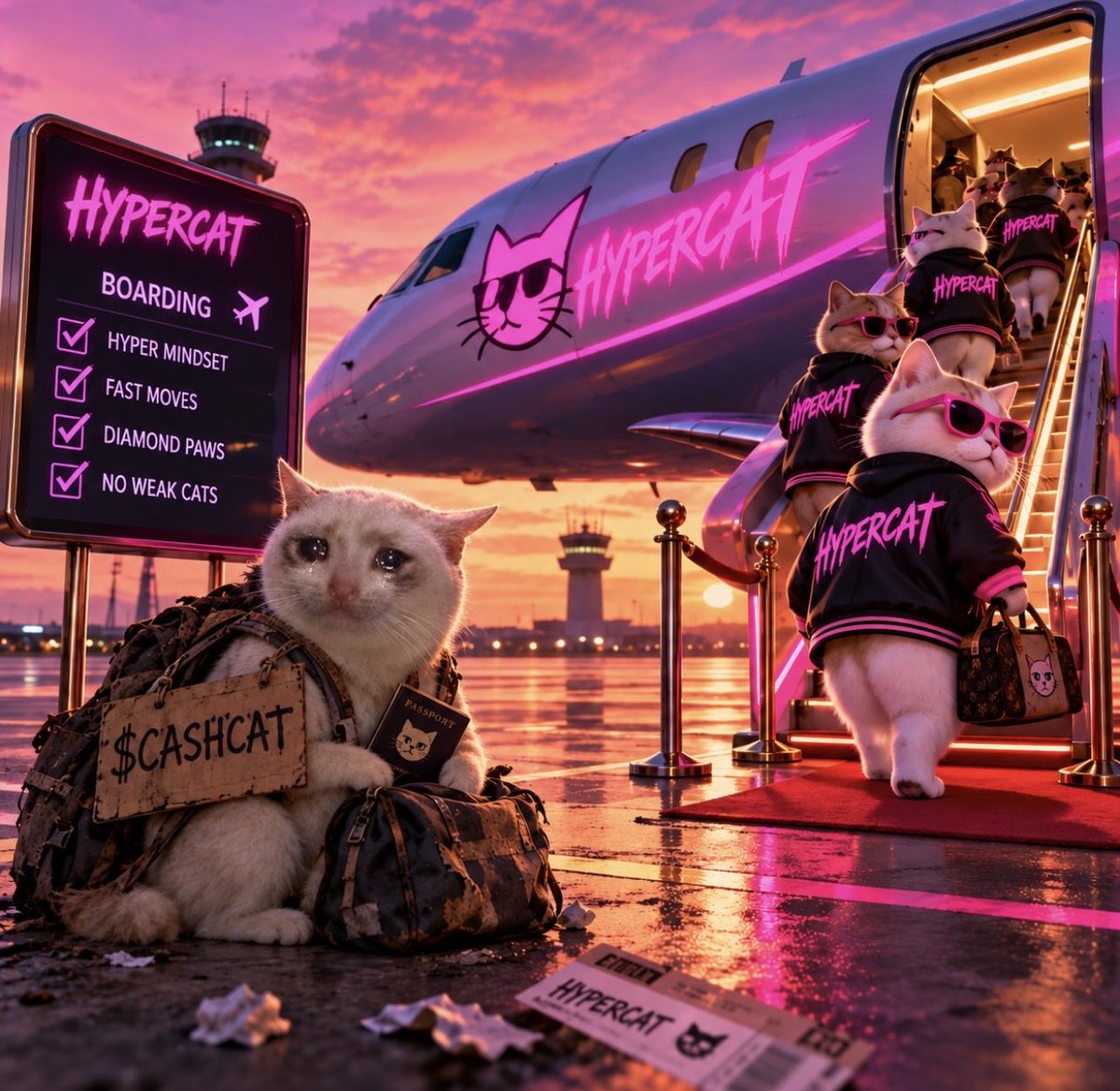 HyperCatCash's tweet photo. CashCat packed his bags… but the HyperCat flight already left. 😭✈️

Some cats wait for a chance.
HyperCats create momentum and take off. ⚡🚀

There are cats… and then there are HYPERCATS.

$cashcat $hypercat $HCAT https://t.co/vNmtBo1BOG
