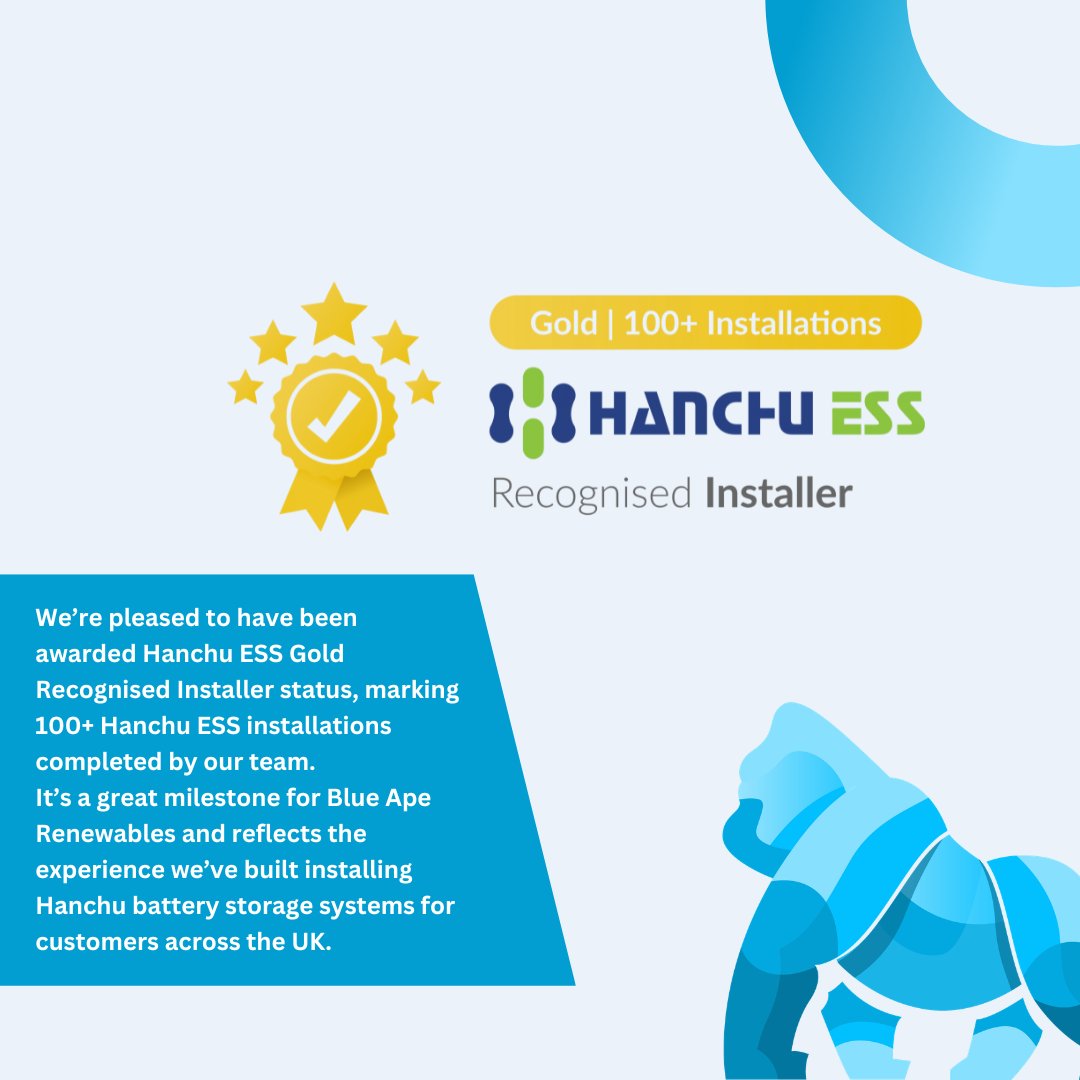 BlueApeLtd's tweet photo. Proud to be recognised as a Hanchu ESS Gold Installer, marking 100+ completed installations.

A great milestone for the Blue Ape Renewables team.

#HanchuESS #BatteryStorage #RenewableEnergy https://t.co/zxcUEVxYG5