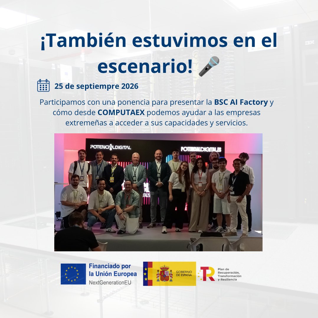 computaex's tweet photo. 🎤 ¡También estuvimos en el escenario de #PotencialDigital!

El 25 de septiembre presentamos la BSC AI Factory y cómo desde COMPUTAEX acercamos sus capacidades a las empresas extremeñas.

🤖 ¿Tienes un reto de IA? Cuéntanoslo.

📩 aifactory@computaex.es

#AIFactory #IA https://t.co/LJ59Zxm2Q6