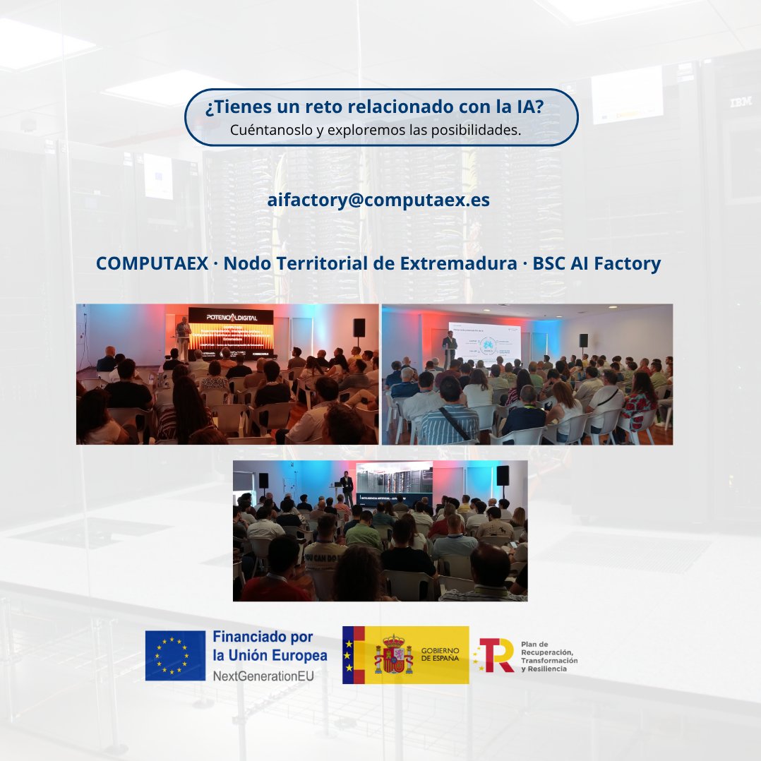 computaex's tweet photo. 🎤 ¡También estuvimos en el escenario de #PotencialDigital!

El 25 de septiembre presentamos la BSC AI Factory y cómo desde COMPUTAEX acercamos sus capacidades a las empresas extremeñas.

🤖 ¿Tienes un reto de IA? Cuéntanoslo.

📩 aifactory@computaex.es

#AIFactory #IA https://t.co/LJ59Zxm2Q6