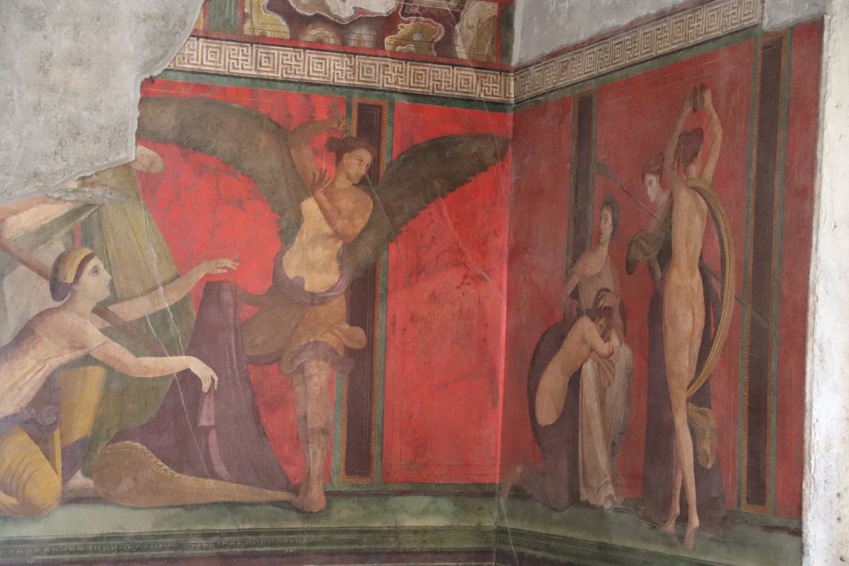 RebuiltWorlds's tweet photo. Pompeii looks gray in most photos. Inside the Villa of the Mysteries, life-size frescoes still run across deep Pompeian red walls from about 60 BC. Ash from 79 AD sealed the paint. The initiation room never lost its color. https://t.co/PPIWjjQeKF