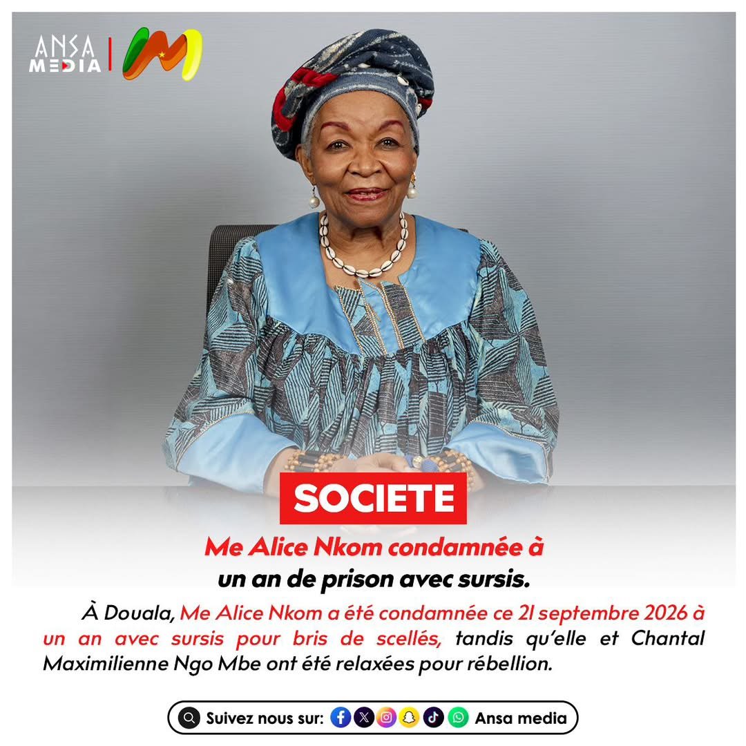 AnsaMedia237's tweet photo. Me Alice Nkom condamnée à un an de prison avec sursis.
Lire la suite : https://t.co/m1PJC78j0k
#AnsaMedia #Justice #AliceNkom #REDHAC #Douala #DroitsHumains #Societe #Cameroun https://t.co/hquBsfsexw
