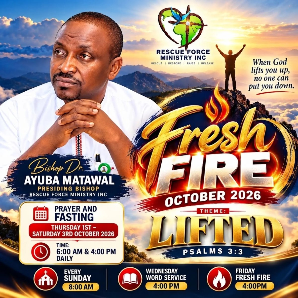 rescueforce's tweet photo. #FreshFireOct26 #Lifted let's pray. The season of being down is over. Join me 1-3 Oct 2026. Blessings.
But You, O LORD, are a shield for me,
My glory and the One who lifts up my head. Psalms 3:3 https://t.co/QIcHRuwBNq
