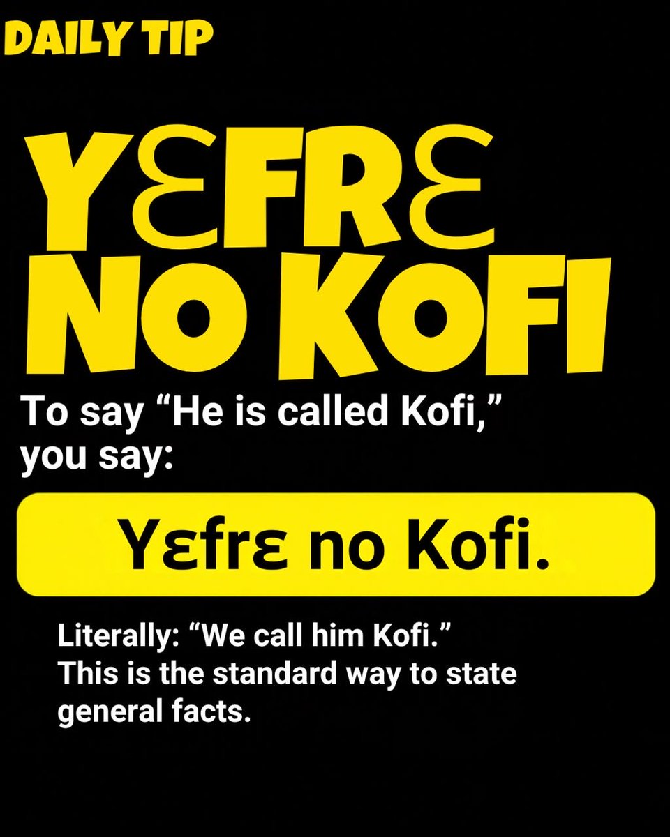 EfieApp's tweet photo. How do you say “He is called Kofi” in Twi? Learn with ƐFie!  
#LearnTwi #TwiLanguage #Efie https://t.co/99M9ieRbw2