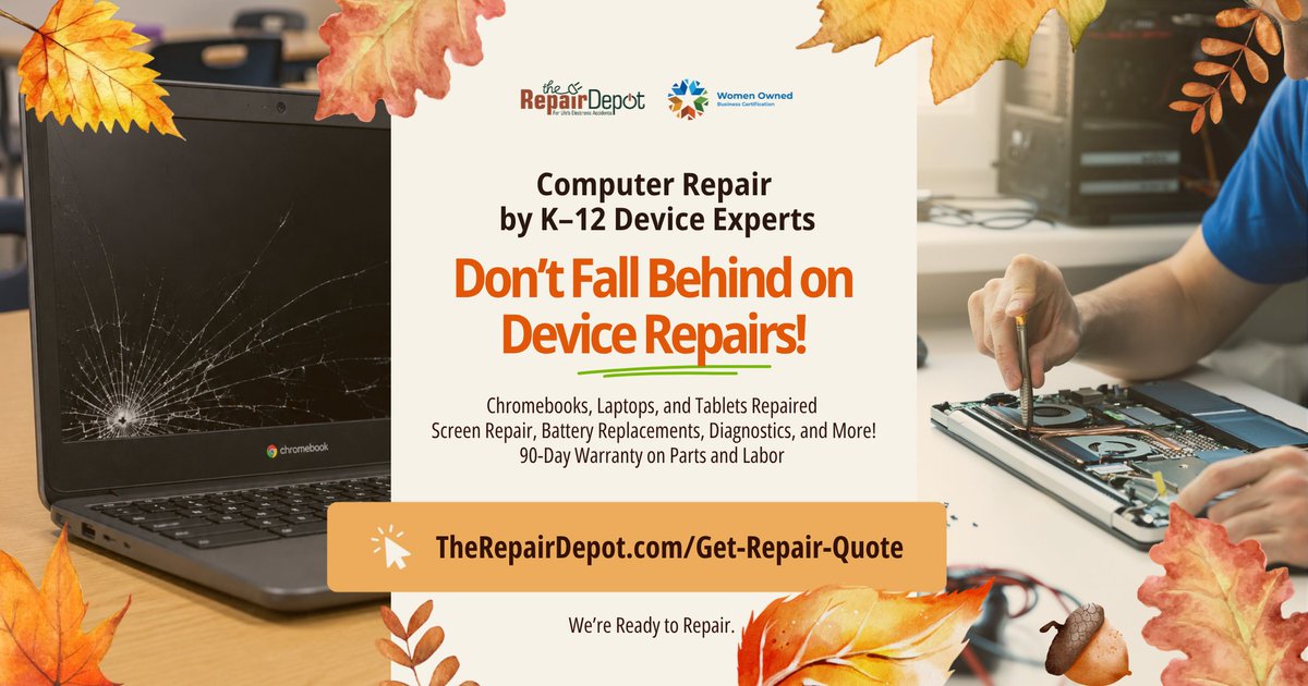 therepairdepot's tweet photo. Is your school already dealing with damaged student devices? We can help get those devices repaired, working, and back in students’ hands!
👉https://t.co/bJlaheD6fe
#k12schools #devicerepairs #chromebookrepairs #laptoprepairs #schooltech https://t.co/leIEywVPhP
