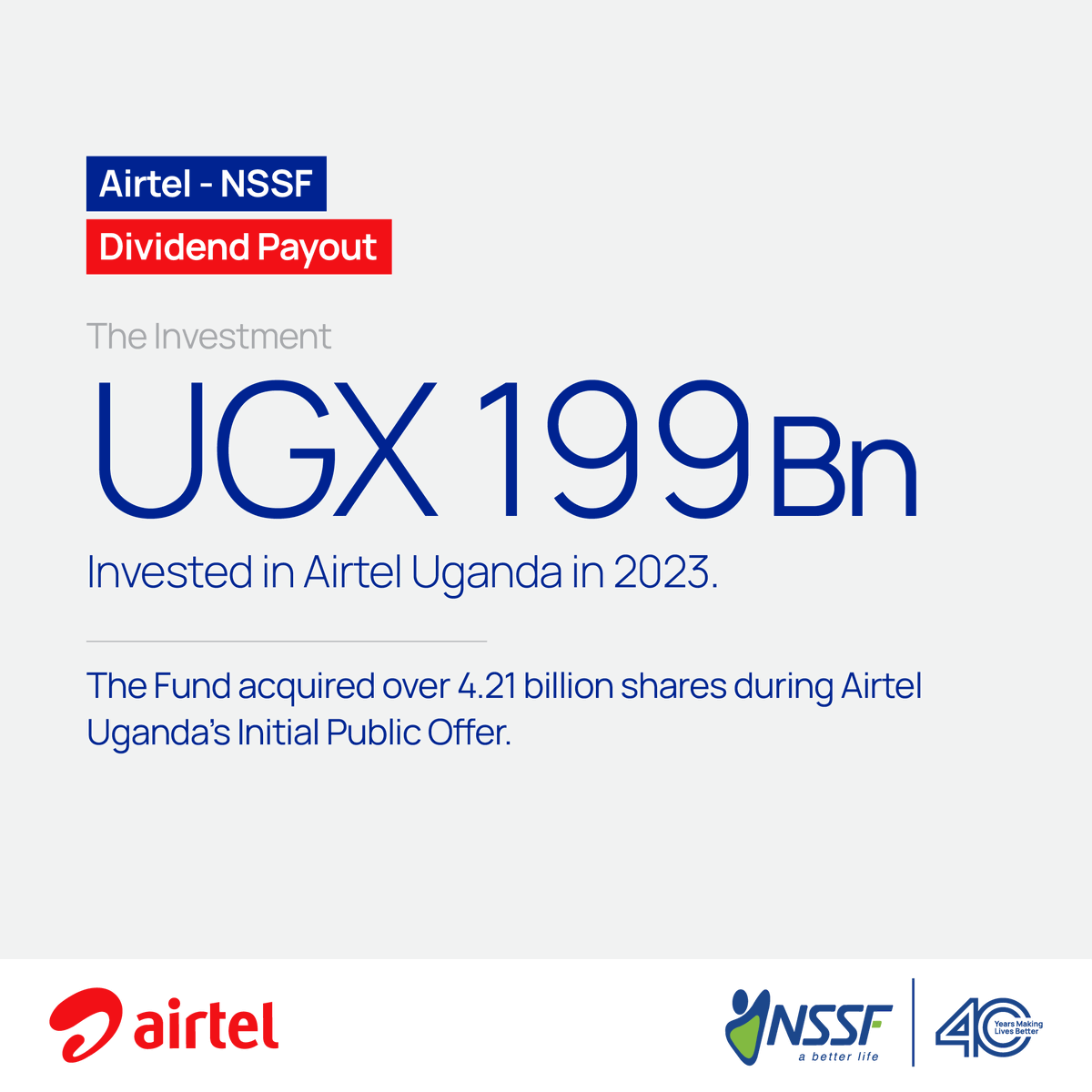 nssfug's tweet photo. In 2023, The Fund invested UGX 199 billion in Airtel Uganda’s Initial Public Offer (IPO), acquiring over 4.21 billion shares and securing a 10.547% stake in the company, a stake we continue to hold today.

That investment has continued to deliver. Today, The Fund received a UGX 42.6 billion dividend cheque for the year ended December 2025, bringing total gross dividends earned since 2023 to UGX 82.3 billion.