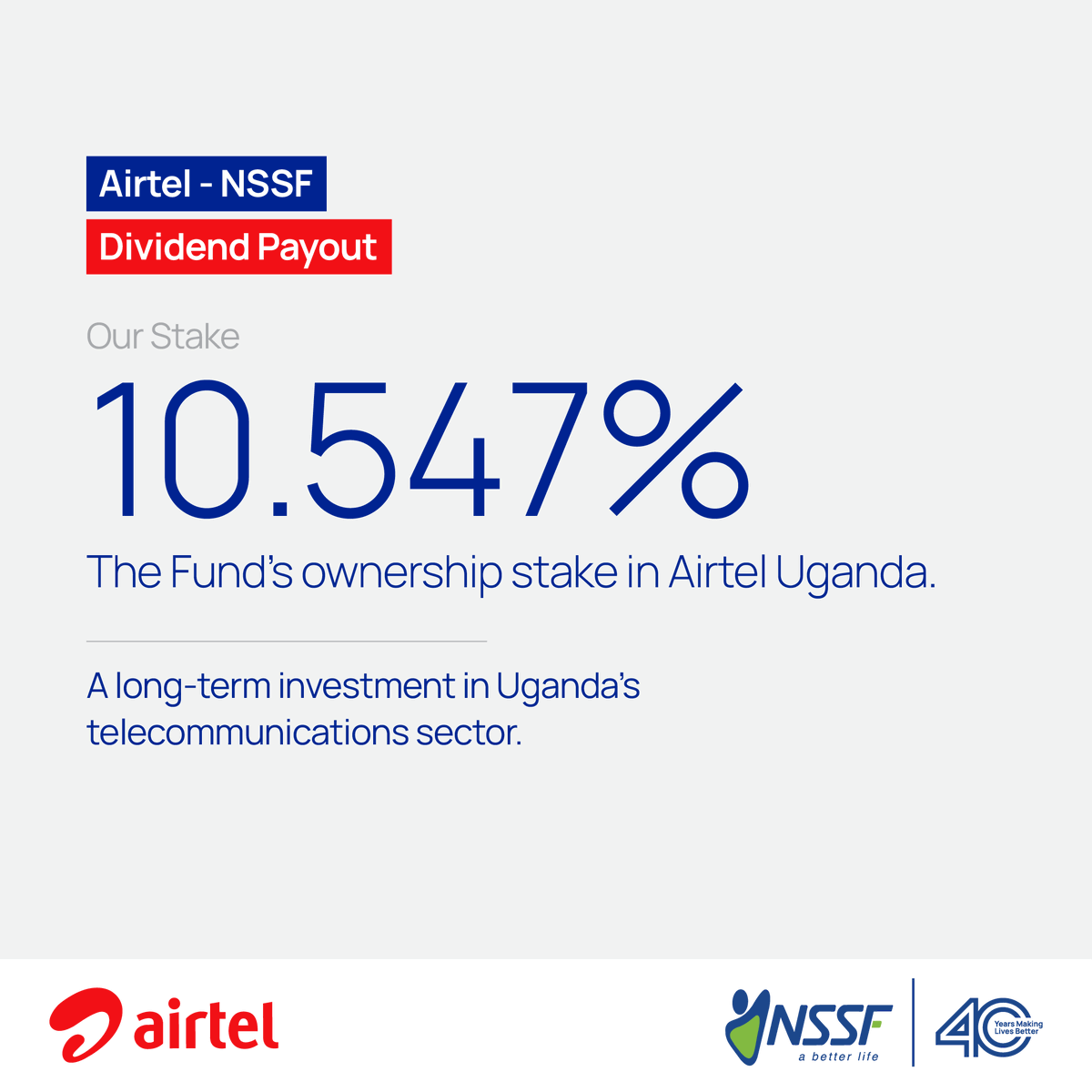 nssfug's tweet photo. In 2023, The Fund invested UGX 199 billion in Airtel Uganda’s Initial Public Offer (IPO), acquiring over 4.21 billion shares and securing a 10.547% stake in the company, a stake we continue to hold today.

That investment has continued to deliver. Today, The Fund received a UGX 42.6 billion dividend cheque for the year ended December 2025, bringing total gross dividends earned since 2023 to UGX 82.3 billion.