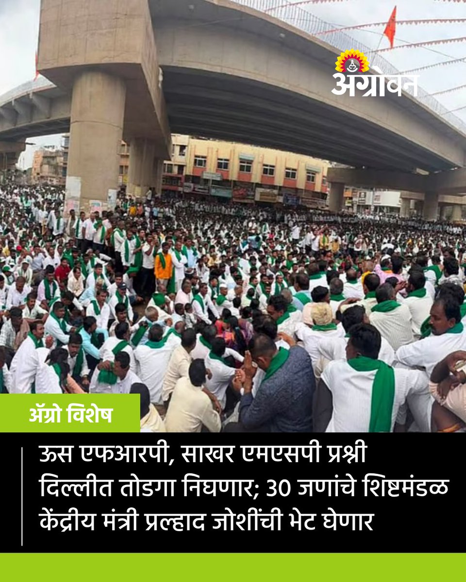 AGROWON's tweet photo. ऊस एफआरपी, साखर एमएसपी आणि इथेनॉल दरवाढीच्या मागण्यांवर दिल्लीत चर्चा होणार आहे. 10 ऑक्टोबरला 30जणांचे शिष्टमंडळ केंद्रीय मंत्री प्रल्हाद जोशी यांची भेट घेणार आहे.

#SugarcaneFarmers #Sugarcane #FRP #SugarMSP #Ethanol #FarmersProtest https://t.co/m0V7lgTDzI