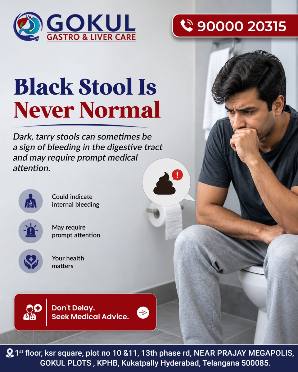 GokulGastro's tweet photo. Black Stool Is Never Normal 🚨⚠️

Dark, tarry stools can be a sign of internal bleeding in the digestive tract and require prompt medical attention.

Don't delay—seek medical advice immediately!

🏥Gokul Gastro &amp; Liver Care

📞90000 20315

#DigestiveHealth #Gastroenterology #KPHB https://t.co/7GvJfJ1JRq