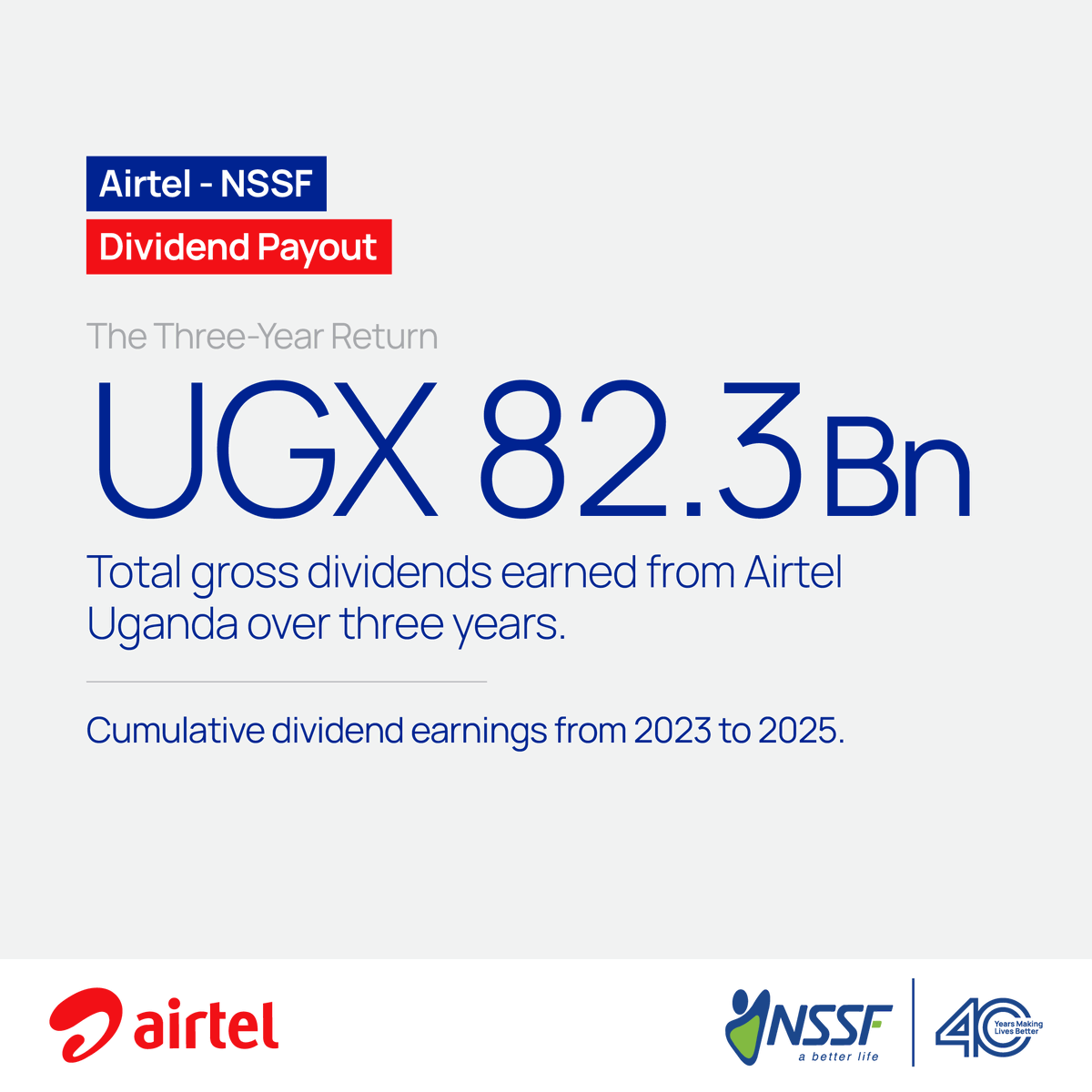 nssfug's tweet photo. In 2023, The Fund invested UGX 199 billion in Airtel Uganda’s Initial Public Offer (IPO), acquiring over 4.21 billion shares and securing a 10.547% stake in the company, a stake we continue to hold today.

That investment has continued to deliver. Today, The Fund received a UGX 42.6 billion dividend cheque for the year ended December 2025, bringing total gross dividends earned since 2023 to UGX 82.3 billion.