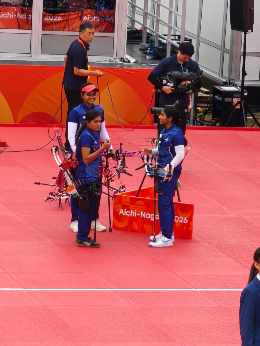UpendrraRai's tweet photo. India's women's #CompoundArchery team won gold at the 20th #AsianGames in Aichi-Nagoya 2026. Team led by #JyothiSurekhaVennam, #ChikithaTaniparthi, and #PrithikaPradeep. https://t.co/jza8SZKksg