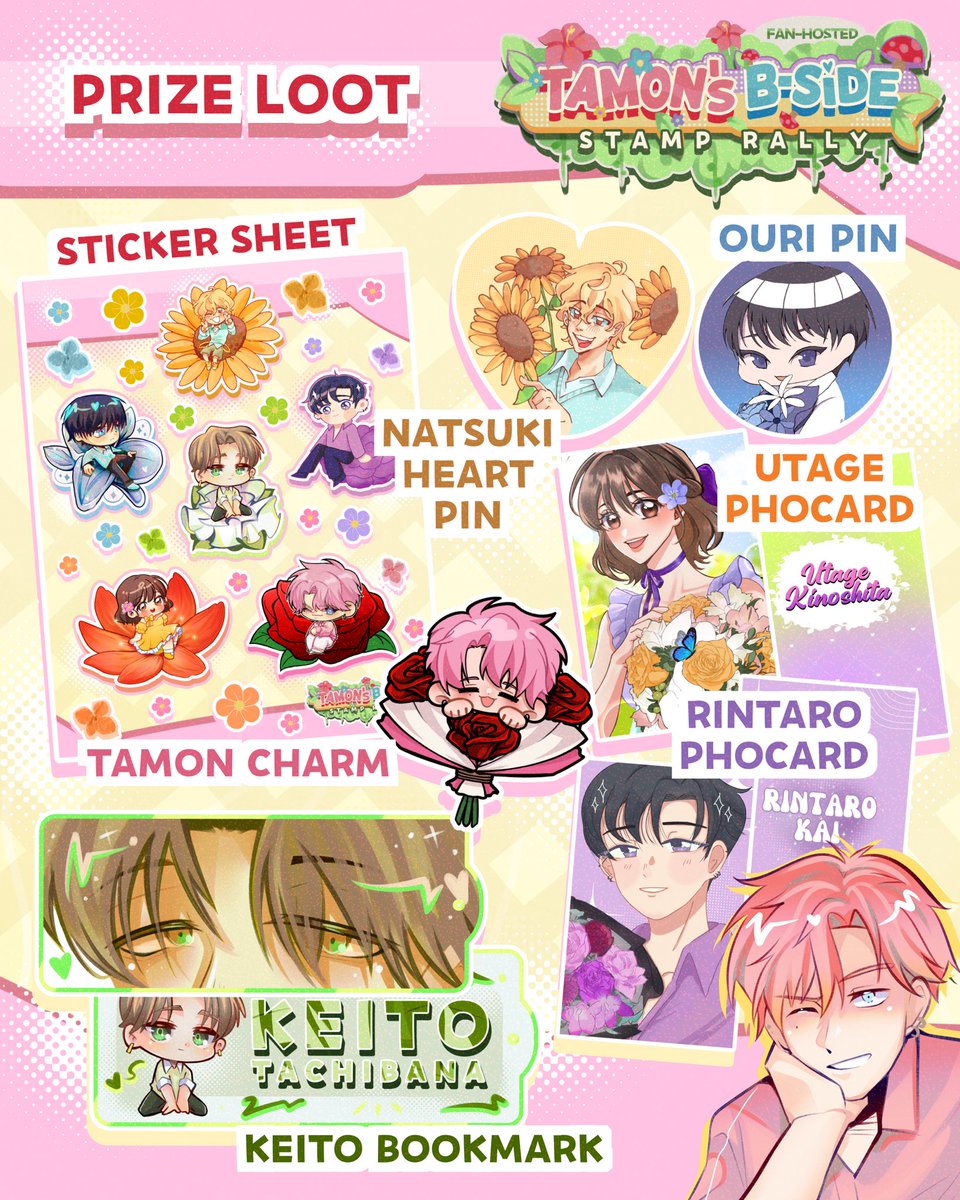 KahonBear's tweet photo. Here are the Prizes for our Tamon’s B-Side stamp Rally 💐🌸🌹 this Cosmania, Oct 2-4, 2026!

#cosplaymania2026 #tamonsbside https://t.co/GSrN9nWBq1