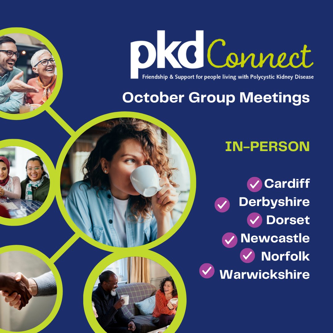 PKDCharity's tweet photo. Looking to connect with others living with PKD? Join our October PKD Connect groups in Cardiff, Derbyshire, Dorset, Newcastle, Norfolk &amp; Warwickshire. 👉 Find your local group &amp; register: https://t.co/pqKhiCZrw8 https://t.co/HGgVXdGoyN