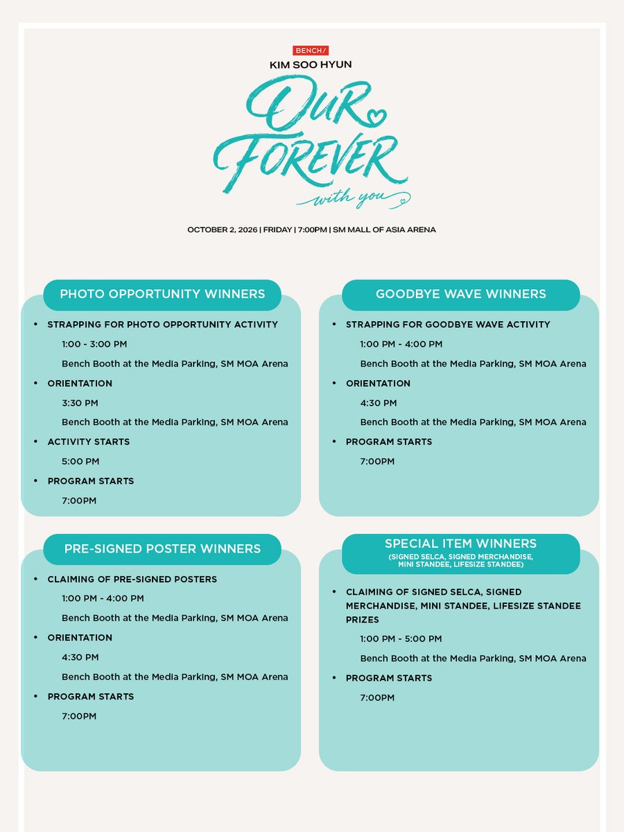benchtm's tweet photo. Getting ready for your special meeting with Kim Soo Hyun? Here are the Guidelines &amp; Schedules to help you prepare for OUR FOREVER WITH YOU with Kim Soo Hyun on October 2, 2026, at the SM Mall of Asia Arena!

#BENCHxKimSooHyun #BENCHOurForeverWithYou #GlobalBENCHsetter https://t.co/Ni695OD7pD