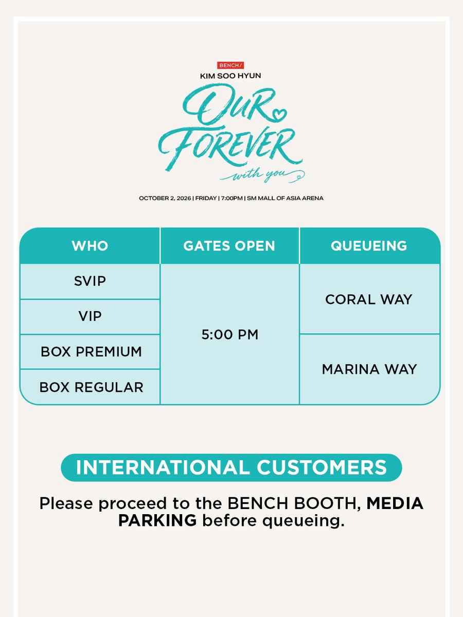 benchtm's tweet photo. Getting ready for your special meeting with Kim Soo Hyun? Here are the Guidelines &amp; Schedules to help you prepare for OUR FOREVER WITH YOU with Kim Soo Hyun on October 2, 2026, at the SM Mall of Asia Arena!

#BENCHxKimSooHyun #BENCHOurForeverWithYou #GlobalBENCHsetter https://t.co/Ni695OD7pD