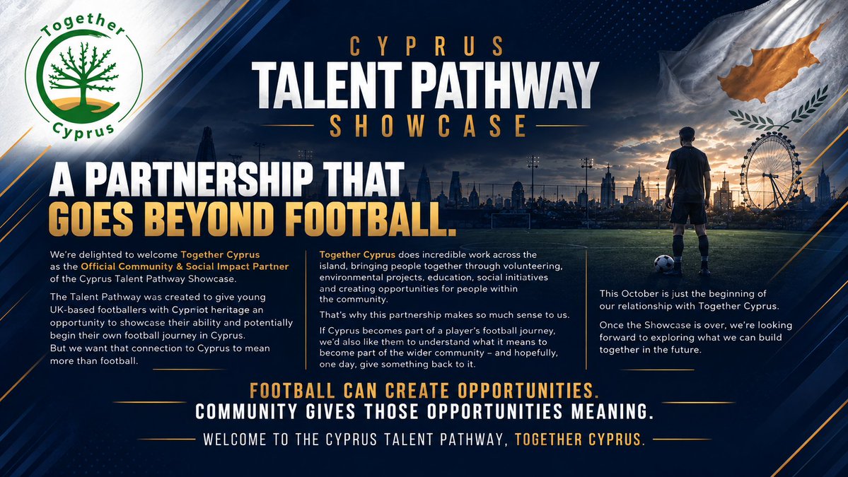 ThisIsMappa's tweet photo. 🇨🇾 A partnership that goes beyond football.

We're proud to welcome Together Cyprus as the Official Community & Social Impact Partner of the Cyprus Talent Pathway Showcase.

The Cyprus Talent Pathway was created to give young UK-based footballers with Cypriot heritage something every talented player deserves - an opportunity to be seen.

A platform to showcase their ability.
A chance to make connections.
And potentially, an open door into Cypriot football.

But we believe their connection with Cyprus should extend beyond the pitch.

Together Cyprus brings people and communities together through environmental projects, volunteering, education and social initiatives. But their philosophy goes much further.

At its heart is a commitment to creating opportunity.

Together Cyprus works to support people whose ability and potential might otherwise go unnoticed - particularly those facing barriers to employment, professional networks and visibility.

They create platforms.
They build confidence.
They make connections.
They open doors.

And that's where our two organisations share a common purpose.

The Cyprus Talent Pathway was founded on the belief that ability shouldn't be overlooked simply because someone hasn't had the opportunity to demonstrate it.

Talent is everywhere. Opportunity isn't.

Whether it's a young footballer waiting for their chance or someone in the wider community with untapped potential, sometimes one opportunity can change a person's direction.

And if Cyprus becomes part of these young players' football journey, we also want to encourage them to become part of the community around them - and, in time, to give something back to the island that has given them an opportunity.

This October marks the beginning of our relationship with Together Cyprus.

We're excited about what we can build together beyond the Showcase - and, most importantly, the opportunities we can create for others.

Football can open doors. Together, we can help more people walk through them. 🇨🇾

Welcome to the Cyprus Talent Pathway, Together Cyprus. 💚