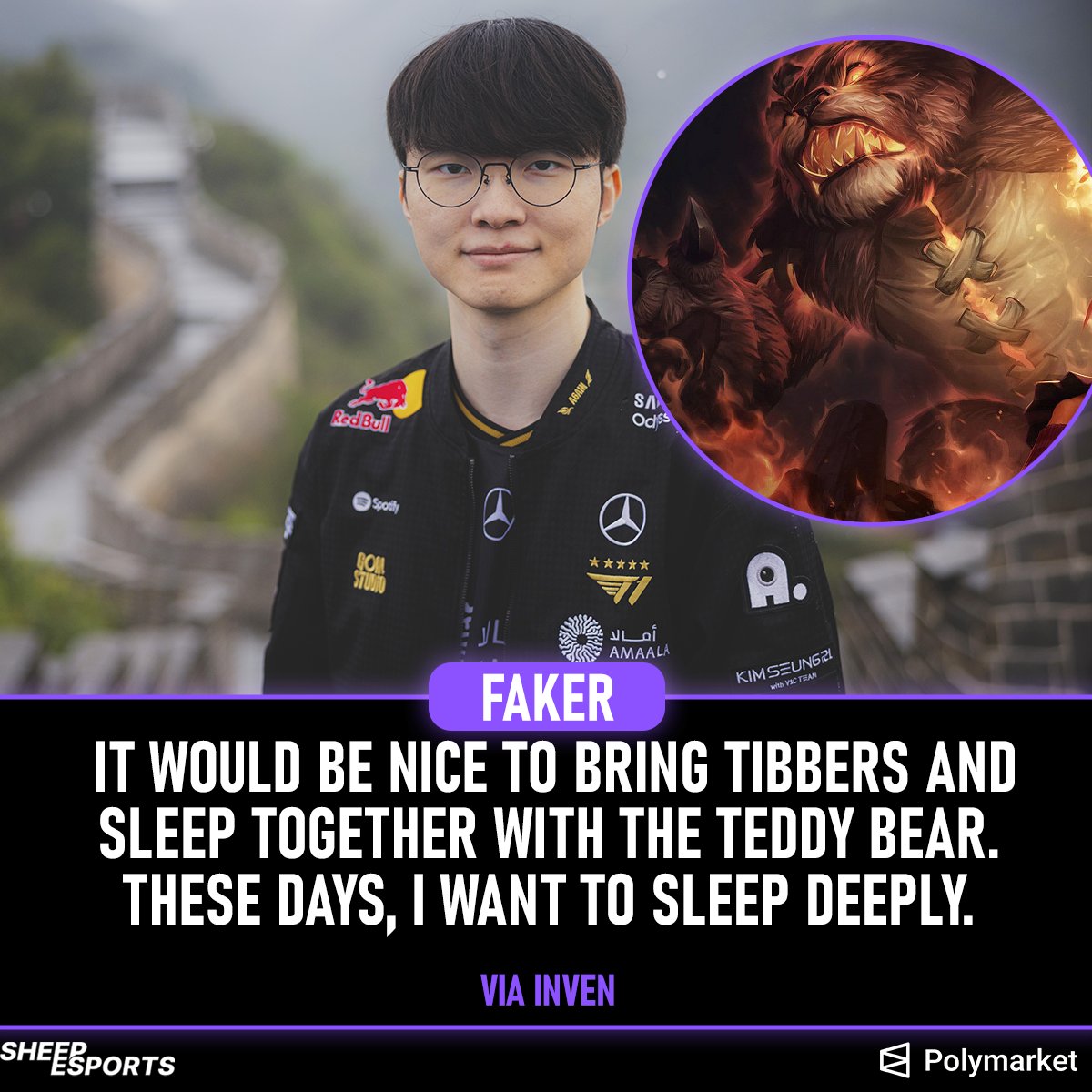 Sheep_Esports's tweet photo. T1 Faker 🇰🇷 chooses Annie’s ultimate, Tibbers 🧸, as the champion ability he would like to bring into real life: https://t.co/LOJhJX6dto