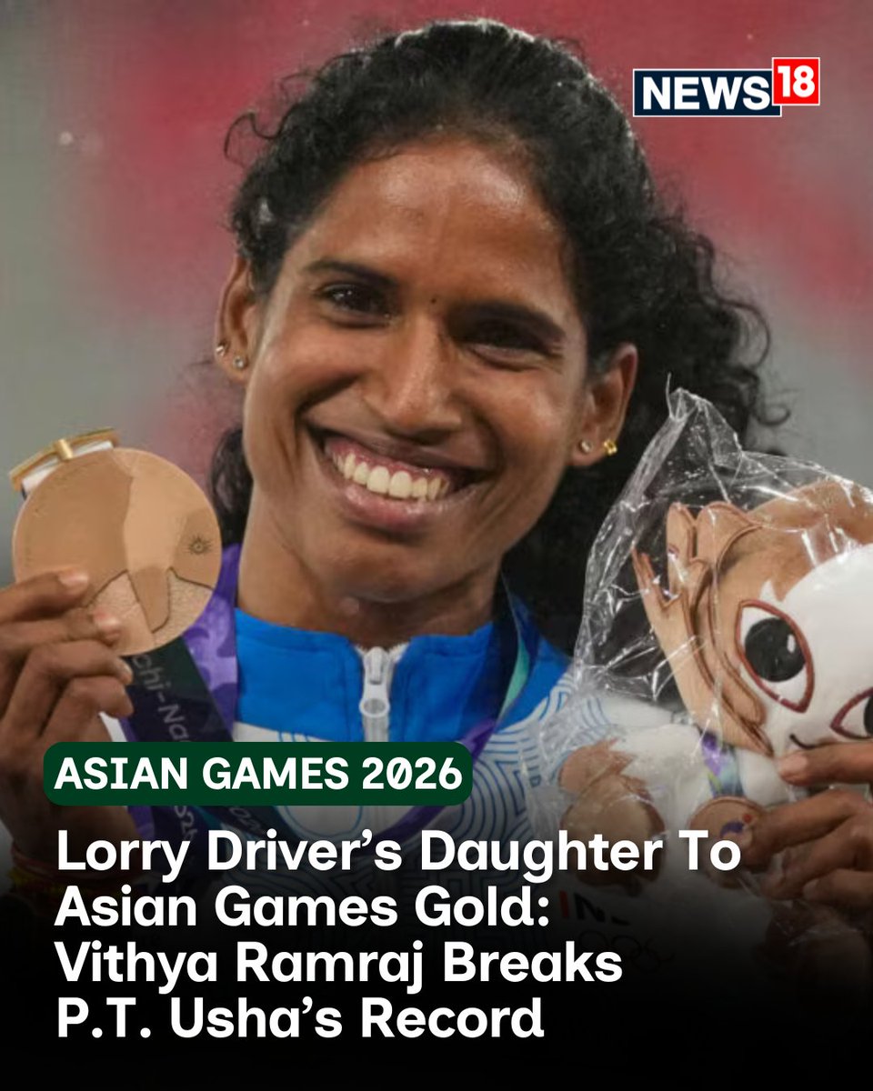news18dotcom's tweet photo. From humble beginnings to rewriting a legendary record.

👉 Three medals in Nagoya, including gold, silver and bronze.  (1/2)

#VithyaRamraj #AsianGames2026 #PTUsha https://t.co/ka4HW1ScDi