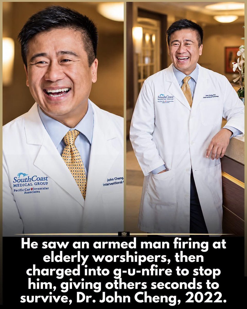JBMAGA03's tweet photo. Dr. John Cheng, 52, sports doctor and father, brought his recently widowed mother to church luncheon.

Gunman opens fire on elderly worshipers.

Cheng doesn’t hide.

He charges.

Unarmed.

Straight into the gunfire.

Takes three rounds.

Gives the others the seconds they need to take the shooter down with a chair and an extension cord.

He dies so they live.

That’s not “thoughts and prayers.”

That’s a man who decided evil doesn’t get the last word in a house of God.

Remember Dr. John Cheng. 🇺🇸🙏