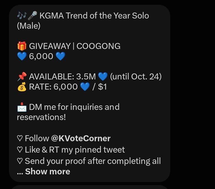 STEJAYVT's tweet photo. RT DEALS for JL

🎶🎤 KGMA Trend of the Year Solo (Male)

🎁 GIVEAWAY | COOGONG
💙 6,000 💙

📌 AVAILABLE: 3.5M 💙 (until Oct. 24)
💰 RATE: 6,000 💙 / $1

📩 DM them for inquiries and reservations!

♡ Follow @KVoteCorner
♡ Like & RT their pinned tweet
♡ Comment proof in the comment section

📌 Minimum: 200

#제이엘 #JL 
#아홉 #AHOF