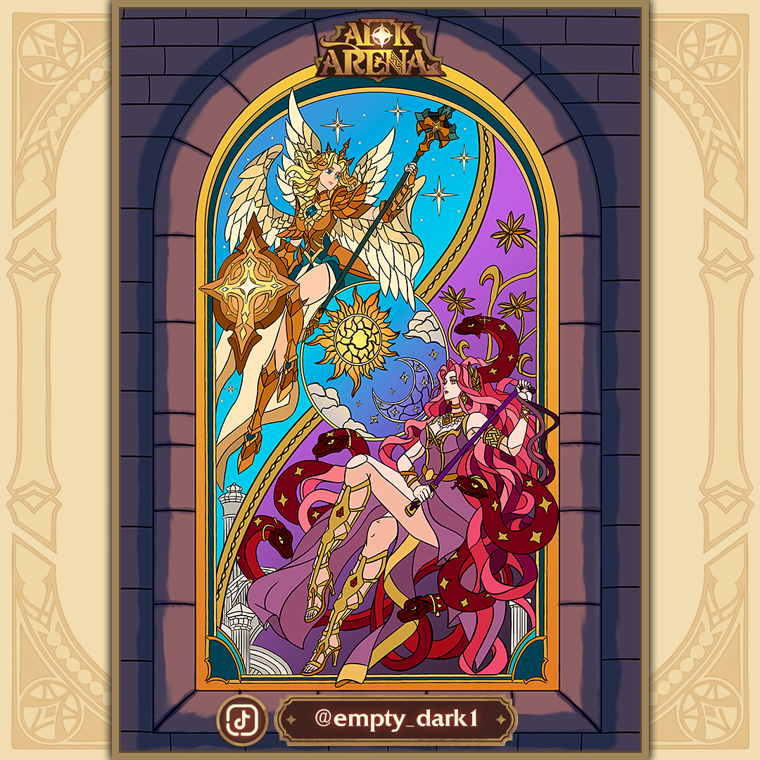 AFK_Arena's tweet photo. [5/7]  One more stained glass artwork and very unique protrait of Athena and Medusa!

Congratulations to our winners and don't forget to submit you AFK art for October Challenge: https://t.co/ZBoqEYV7hO https://t.co/cWsu6TucwL