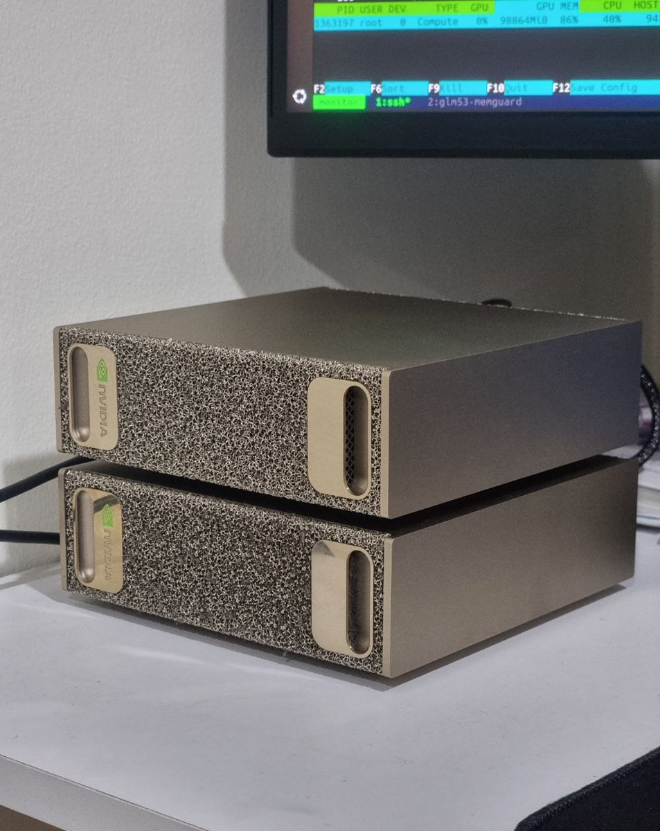 sudoingX's tweet photo. i don't care how you get there, but the day you secure 2x DGX Spark is the endgame of local ai. you feel frontier intelligence right in front of your desk.

if a single RTX 3090 shows you the way, 2x DGX Spark will enlighten you. secure the boxes and you'll rarely miss closed models like claude or chatgpt.

it's been about 3 months with my 2x DGX Spark and i'm not making assumptions, i've run Qwen 3.8 Flash Next, DeepSeek V4 Flash and now GLM 5.3 Flash on them, and i'm still sitting here surprised by what these two nodes can do.

you can do some crazy shit with these boxes and they sip power, the two GPUs pull about 73W together while GLM decodes.

i'm really happy with these two boxes, and i hope i can add a 3rd one if nvidia shows grace.
