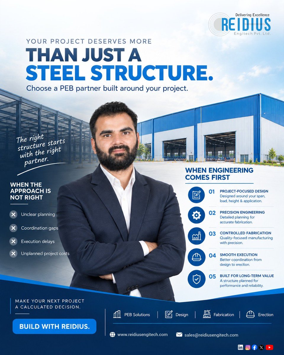 reidiusengitech's tweet photo. Your project deserves more than just a steel structure. 🏗️
Project-focused design. Precision engineering. Smooth execution.
Choose a PEB partner built around your project. Build with Reidius.
🌐 https://t.co/nsEIlDPwF2
#PEB #IndustrialFabrication #MakeInIndia https://t.co/nyCuGqOPcH