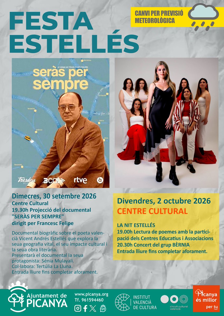 aPicanya's tweet photo. La celebració de la Nit Estellés es trasllada al Centre Cultural.
Donades les previsions de pluja per al divendres 2 d'octubre.
Més informació:
https://t.co/qhKYPmmLdM https://t.co/vOU4SXupOj