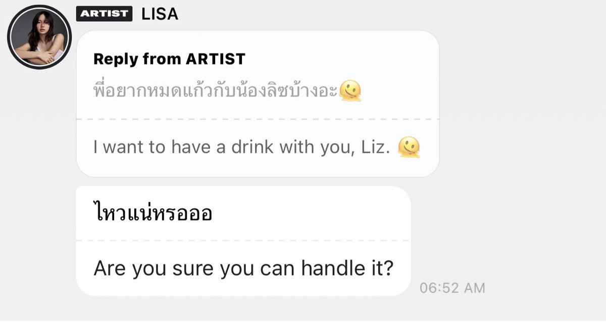 lalisamgger's tweet photo. “I want to have a drink with the you, Lisa”
-LISA: “Are you sure you can handle it?”

😭😭😭 https://t.co/0DkBerv9Dr