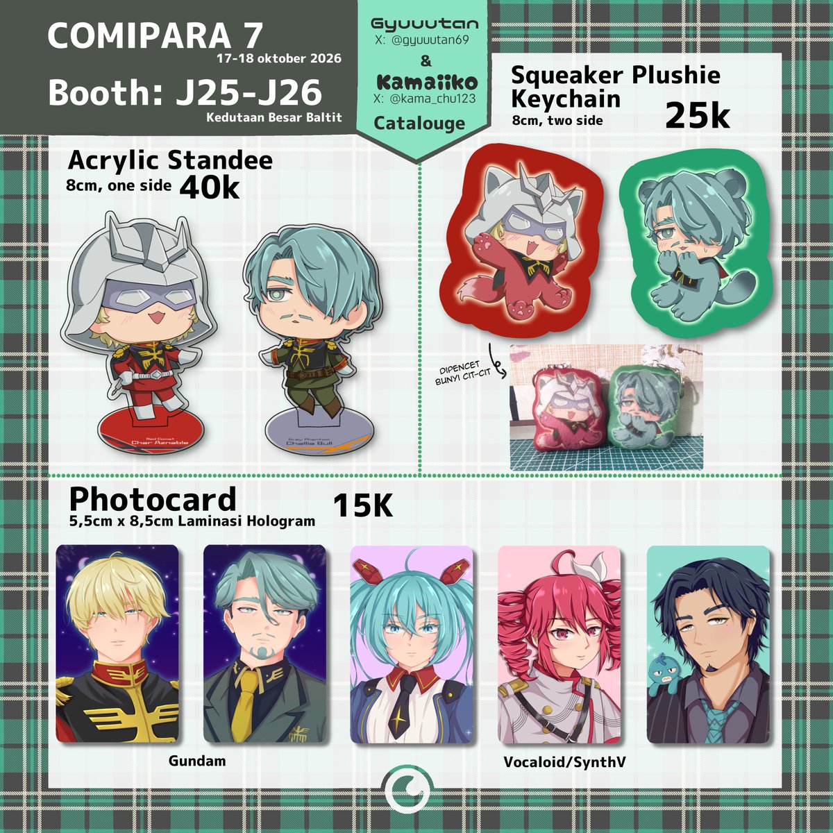 gyuuutan69's tweet photo. Katalog Gyuuutan untuk Comipara 7 telah tiba! 
All item hanya dijual OTS ✨ #comipara7 #cmpr7

Fandom: Gundam, Uma musume, Vocaloid / synthV, Yakuza / Ryu ga Gotoku, Chainsmoker Cat / Yani Neko, Handmade goods

📅17 - 18 Oktober 2026
🔗Booth J25-J26

Silahkan mampir ✨💕
(1/2) https://t.co/k8GxmH0VAD