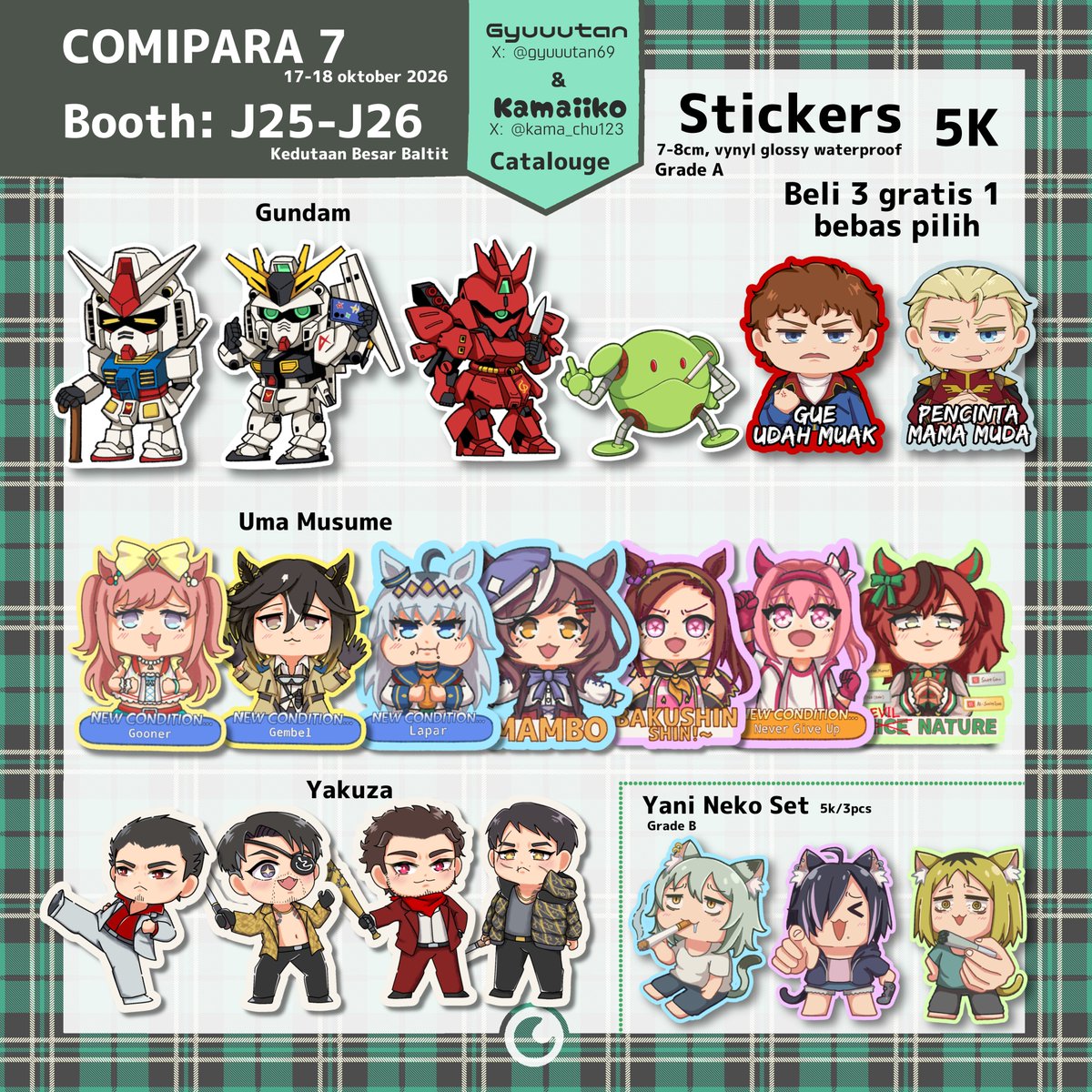 gyuuutan69's tweet photo. Katalog Gyuuutan untuk Comipara 7 telah tiba! 
All item hanya dijual OTS ✨ #comipara7 #cmpr7

Fandom: Gundam, Uma musume, Vocaloid / synthV, Yakuza / Ryu ga Gotoku, Chainsmoker Cat / Yani Neko, Handmade goods

📅17 - 18 Oktober 2026
🔗Booth J25-J26

Silahkan mampir ✨💕
(1/2) https://t.co/k8GxmH0VAD