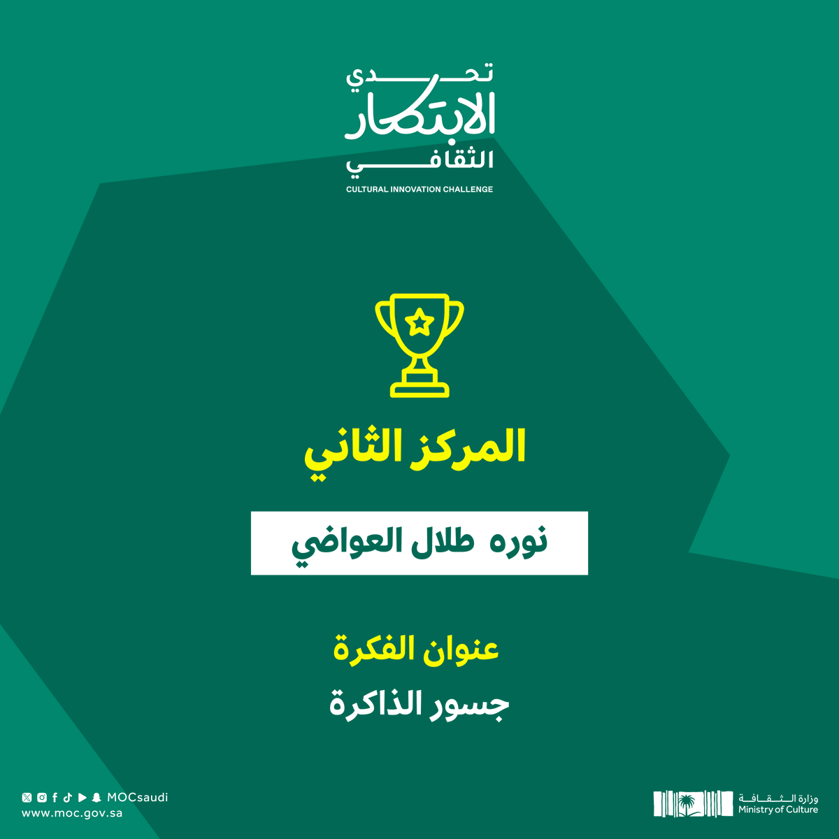 MOCSaudi's tweet photo. نهنئ الفائزين في #تحدي_الابتكار_الثقافي بعد رحلة تنافسية لتقديم أفكار تسهم في خدمة القطاع وتعزيز استدامته.

#وزارة_الثقافة