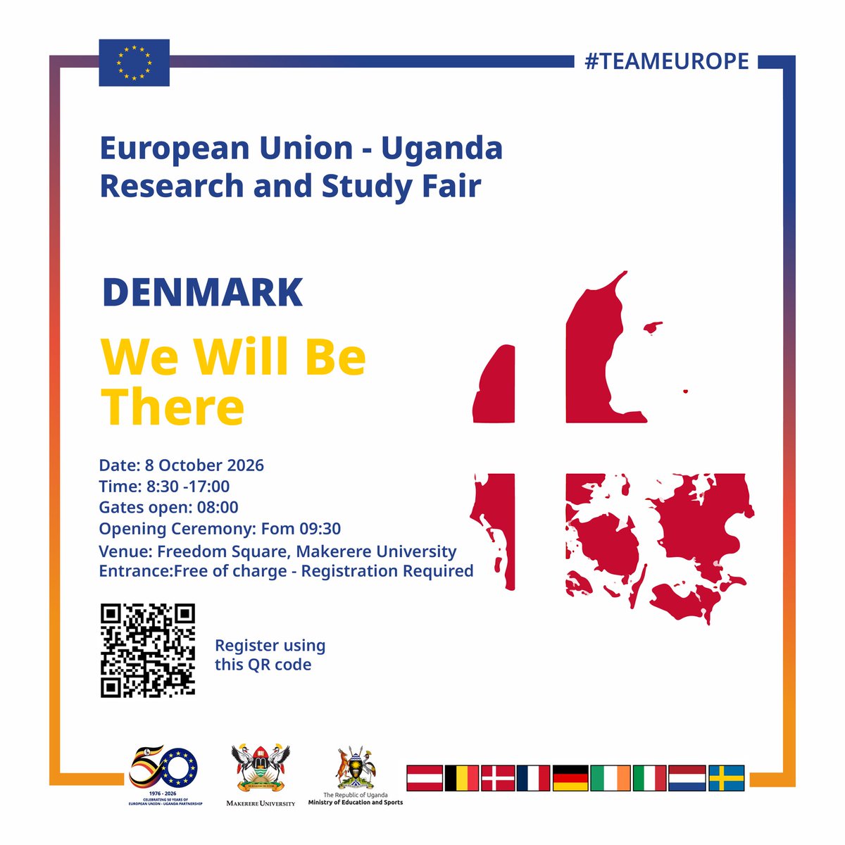DKinUganda's tweet photo. Study in Denmark 📚🇩🇰

Curious about studying or doing research in Denmark? Come hear about Danish universities and explore study programmes.
Join us at the @EUinUG Research and Study Fair 🇪🇺 at Makerere University on 8 October 2026, from 8:30 a.m.

👇Register using the QR code https://t.co/TF2mywNj13