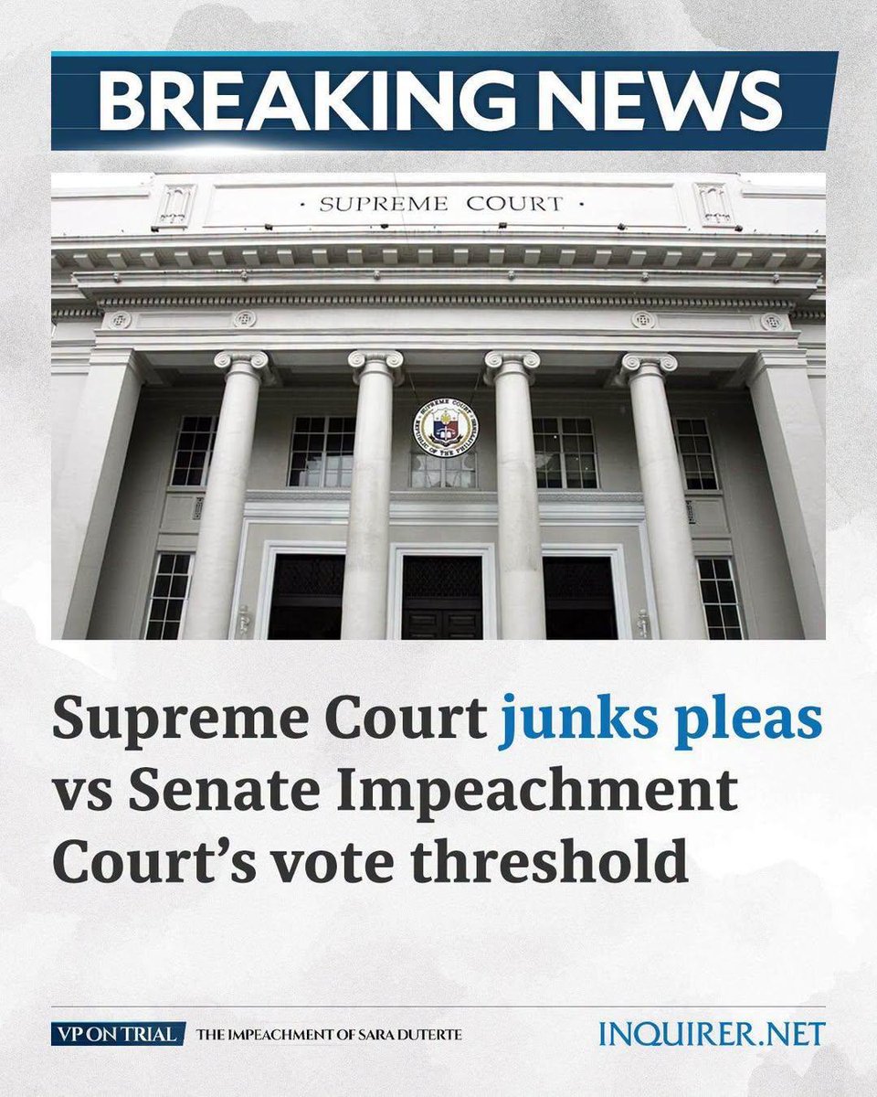 ChelDiokno's tweet photo. We welcome the Supreme Court’s decision. As we mentioned during the trial, we believe that matter is not yet justiciable and that it would be premature to bring the issue before the High Court at this stage.

Mas mabuti kung hintayin muna ang pinal na pasya ng impeachment court bago dumulog sa Korte Suprema.