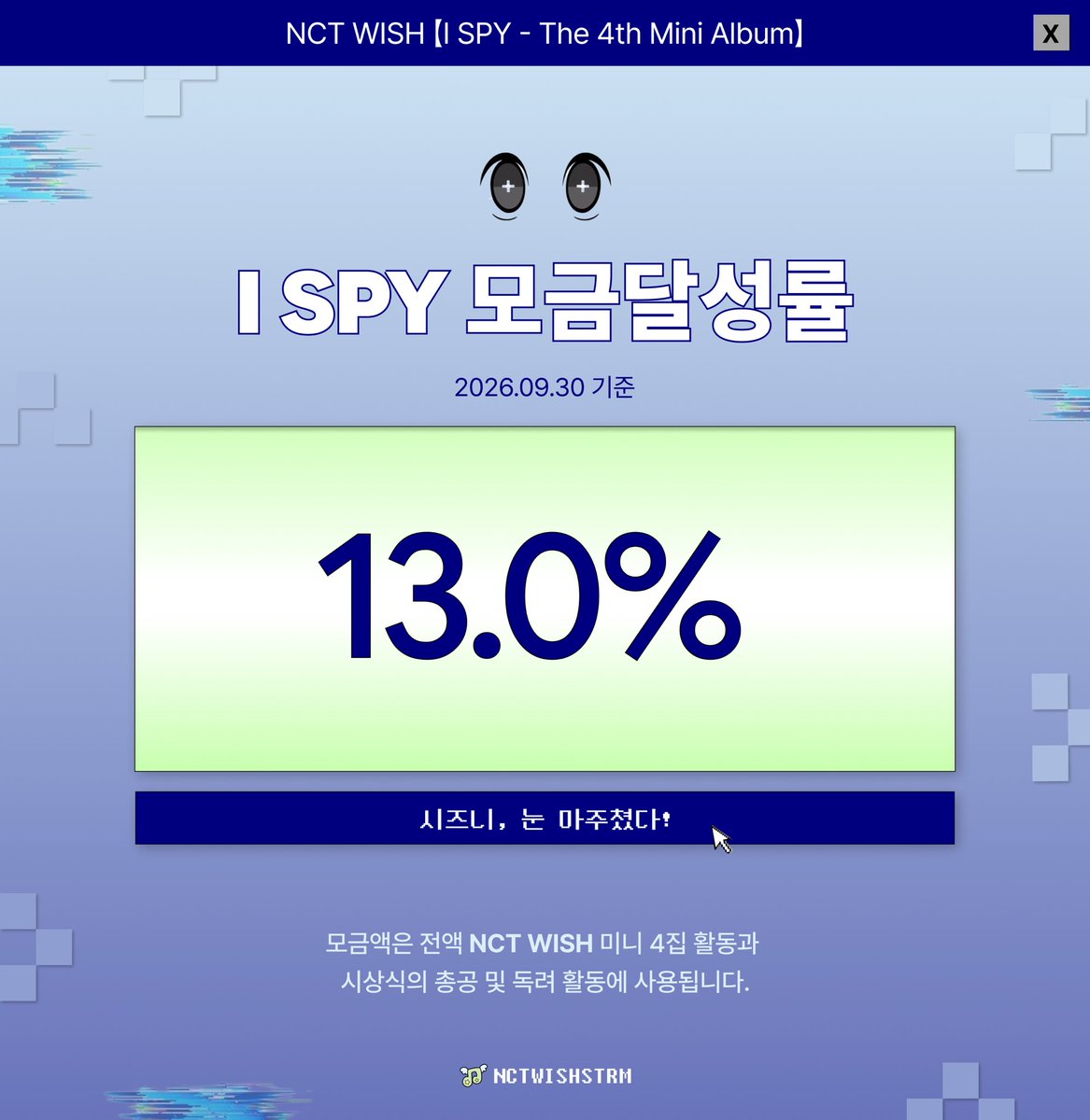 NCTWISHSTRM's tweet photo. #RT 📢  [𝑰 𝑺𝑷𝒀] 활동을 위한 모금 달성률 현황 안내

2026년 9월30일 기준
˗ˋˏ 모금 달성률 1️⃣3️⃣.0️⃣% ˎˊ˗ 

좋은 성적을 위해 모금 목표액 달성이 꼭 필요합니다. 소액의 모금도 큰 도움이 되는 만큼, 시즈니 여러분의 많은 관심을 기다리고 있습니다💚

+) 기프티콘 기부도 받고있습니다.
타래의 트윗도 참고 부탁드립니다👀

#NCTWISH #ISPY
#NCTWISH_ISPY