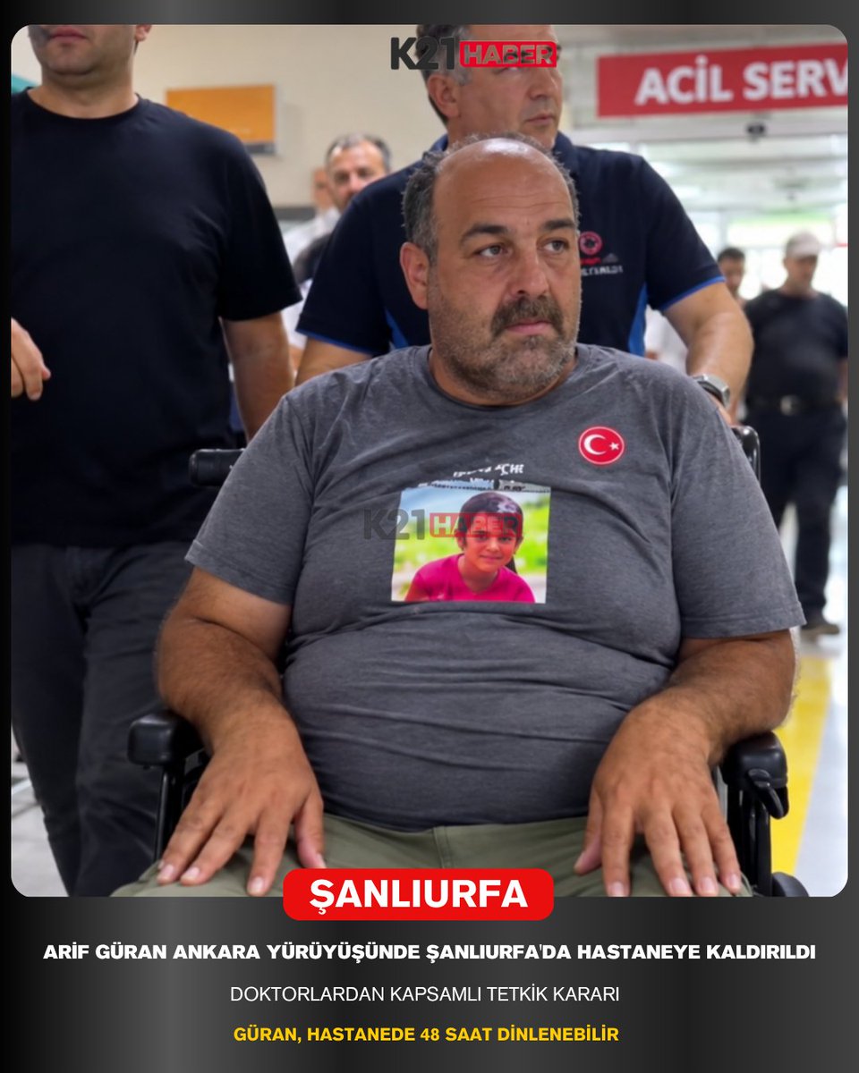 K21Haber's tweet photo. Narin Güran’ın babası Arif Güran, Ankara’ya doğru sürdürdüğü yürüyüş sırasında Şanlıurfa kent merkezine ulaştıktan sonra hastanenin acil servisine başvurdu.
Ayağındaki rahatsızlığın yanı sıra uzun süren yürüyüşün etkileri nedeniyle kan değerleri, kalp ve genel sağlık durumuna yönelik çeşitli tetkiklerin yapılacağı öğrenildi.
Hastaneden edinilen ilk bilgilere göre Güran’ın dinlenmesi amacıyla en az 48 saat hastanede tutulması değerlendiriliyor.