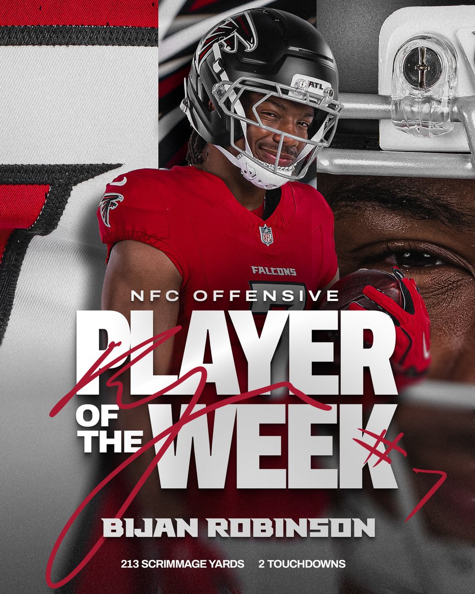 AtlantaFalcons's tweet photo. Outpaced the Pack

Your NFC Offensive Player of the Week, @Bijan5Robinson!

https://t.co/y1IY5JQhn3 https://t.co/G5lT6L8GVq