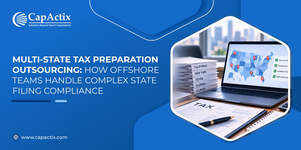 CapActix's tweet photo. ๐ Simplify Multi-State Tax Compliance!
Discover how offshore tax teams can support CPA firms with state returns, and filing compliance.
๐ Read the full blog: https://t.co/TQJXz1Ho9k
#CapActix #Blog #TaxOutsourcing #CPA #TaxPreparation #MultiStateTax #AccountingOutsourcing https://t.co/ZqjqooUY5J