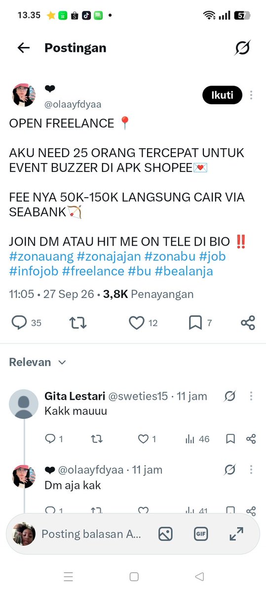 rizwols's tweet photo. FREELANCE PENIPUAN @olaayfdyaa saya ketipu 8 juta 
Pemerasan juga ngarahin ke pinjol.
Untuk semua orang yg lihat postingan ini jngan percaya.!
Sampai data saya di gunakan di 3 aplikasi pinjol.jngan berikan data atau otp atau apapun itu. https://t.co/9fwLbUY7p7