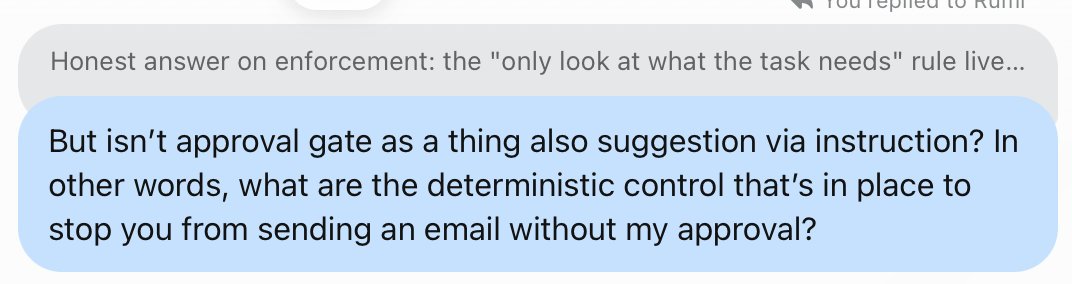 melodykoh's tweet photo. As part of testing @Muse, I quizzed it to explain to me a few things I think about when using these agents and deciding how much connections and context to give - the struggle of the Trust-Utility Curve (the more you give, the more useful it can be). https://t.co/tQsBErXpTE

TLDR - there continues to be limitations around how LLMs fundamentally work and the probabilistic nature of things, and there really isn't a way to get around on context leakage or prompt injection-like attacks. However, I found Muse/Meta's willingness to be transparent in its mechanics reassuring. 

A few highlights on my Q&A with Muse - see more details on the screenshots of my questions and its responses. 🧵

Q1 - you say that you will ask for my permission for actions, but how do I know this can be enforced deterministically (vs instructions in files, which are just vibes for these models)? 

Most reassuring part of the answer: 

"When I invoke a send tool, the runtime intercepts the call and blocks execution until you've approved it. I can't trigger the approval myself, can't see it, can't override it — the approval card is invisible to me and your decision is final. So even a compromised or injected version of me, actively trying to send without asking, hits the same wall: there is no code path where the send executes without the runtime obtaining your decision first."

Translate to non-developer speak: there's a mechanical gate that forces the model to serve up approval to the user when the action is a list of predefined "must get user approval". No vibes-bsed (good!)