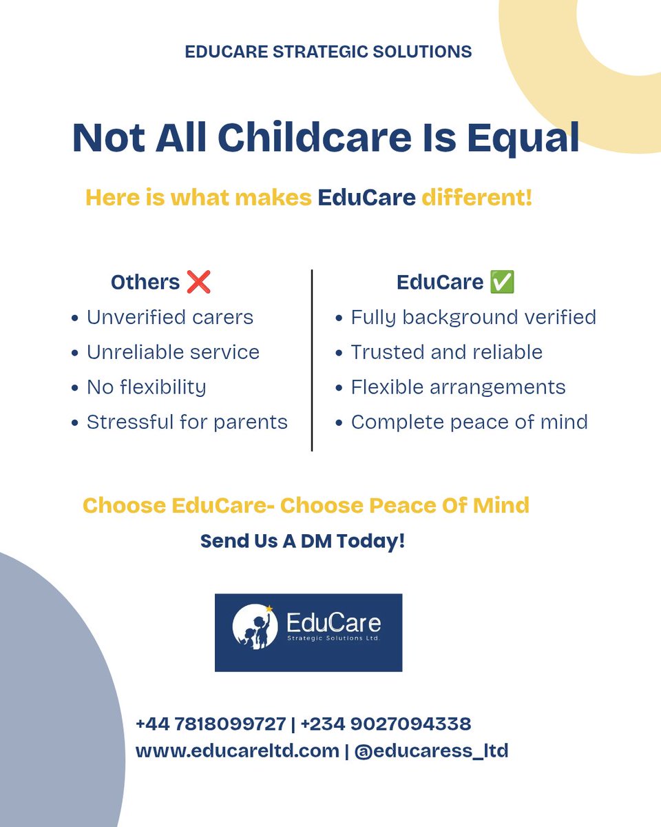 EducareL12297's tweet photo. Not all childcare is equal. 🚫
Unverified carers vs. fully background-verified professionals.
Choose EduCare — choose peace of mind. 💙
DM us today. #Childcare #EduCare https://t.co/BwddOjSkyx